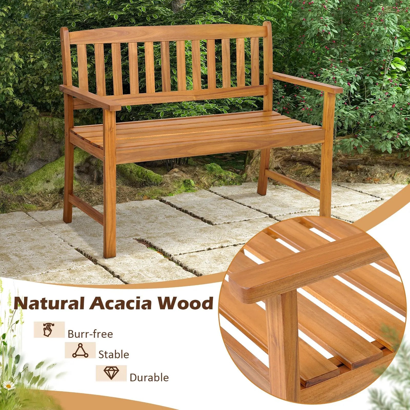 2-Person Patio Acacia Wood Bench with Backrest and Armrests by DirectDeals