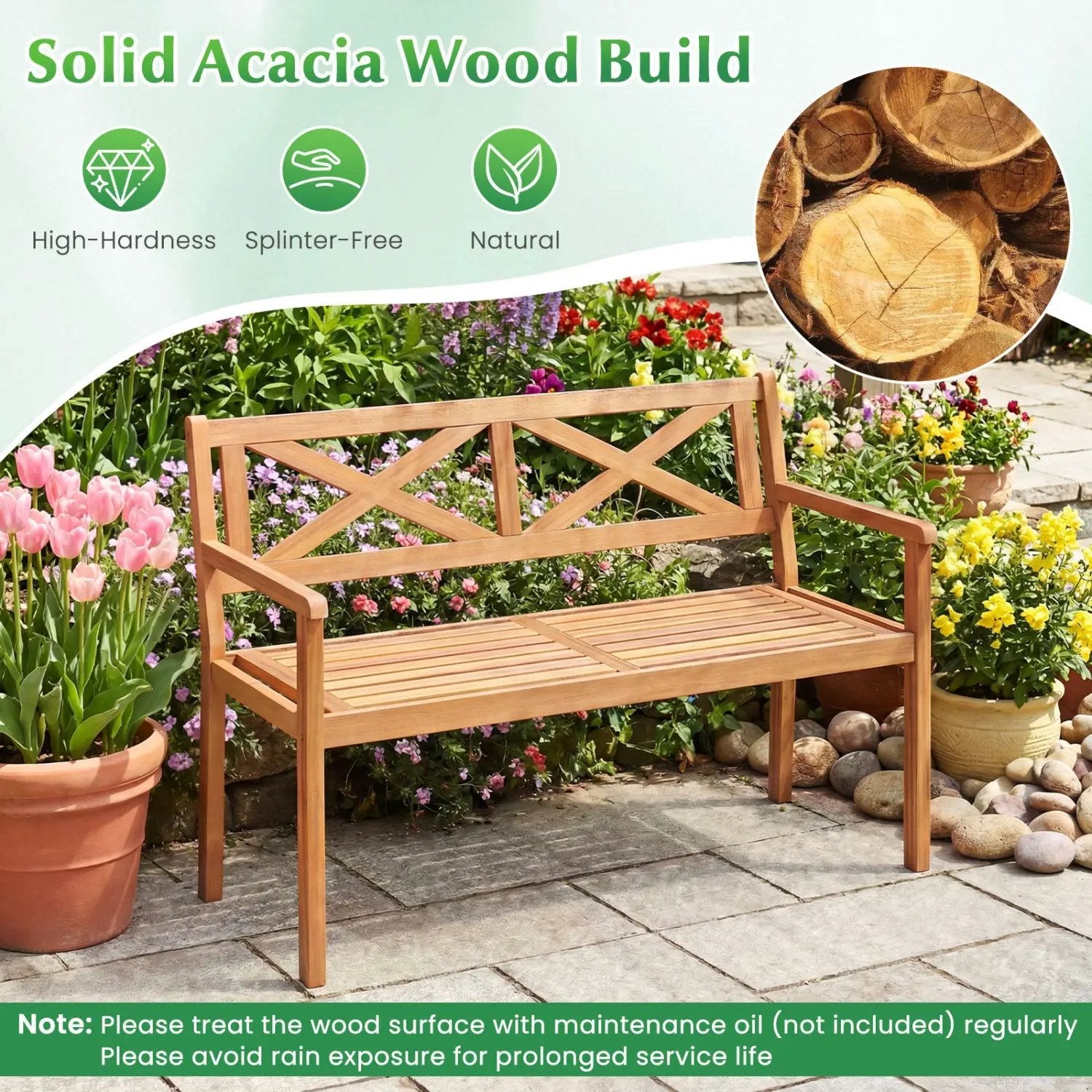 2-Person Patio Acacia Wood Garden Chair with Armrests and Backrest for Backyard by DirectDeals
