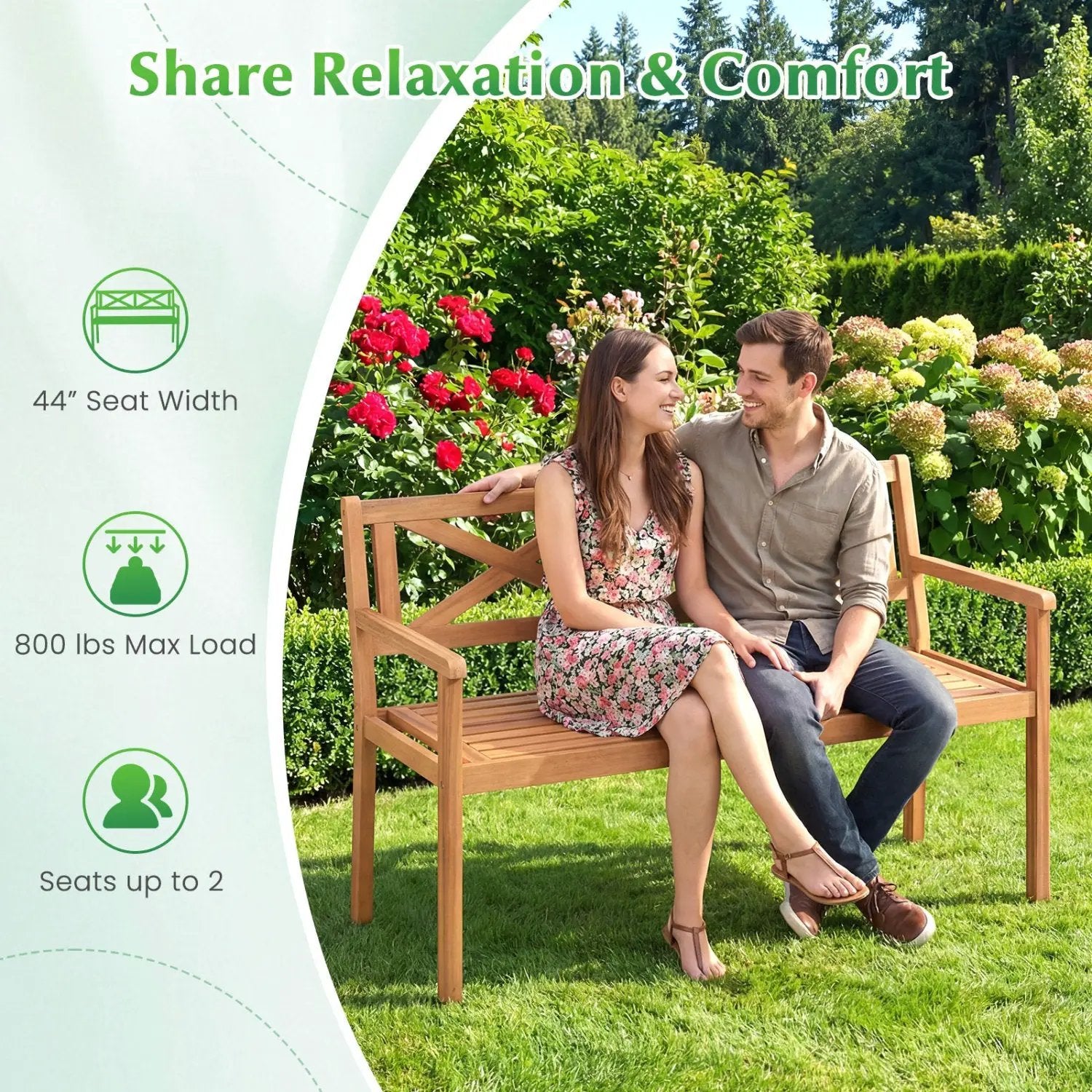 2-Person Patio Acacia Wood Garden Chair with Armrests and Backrest for Backyard by DirectDeals