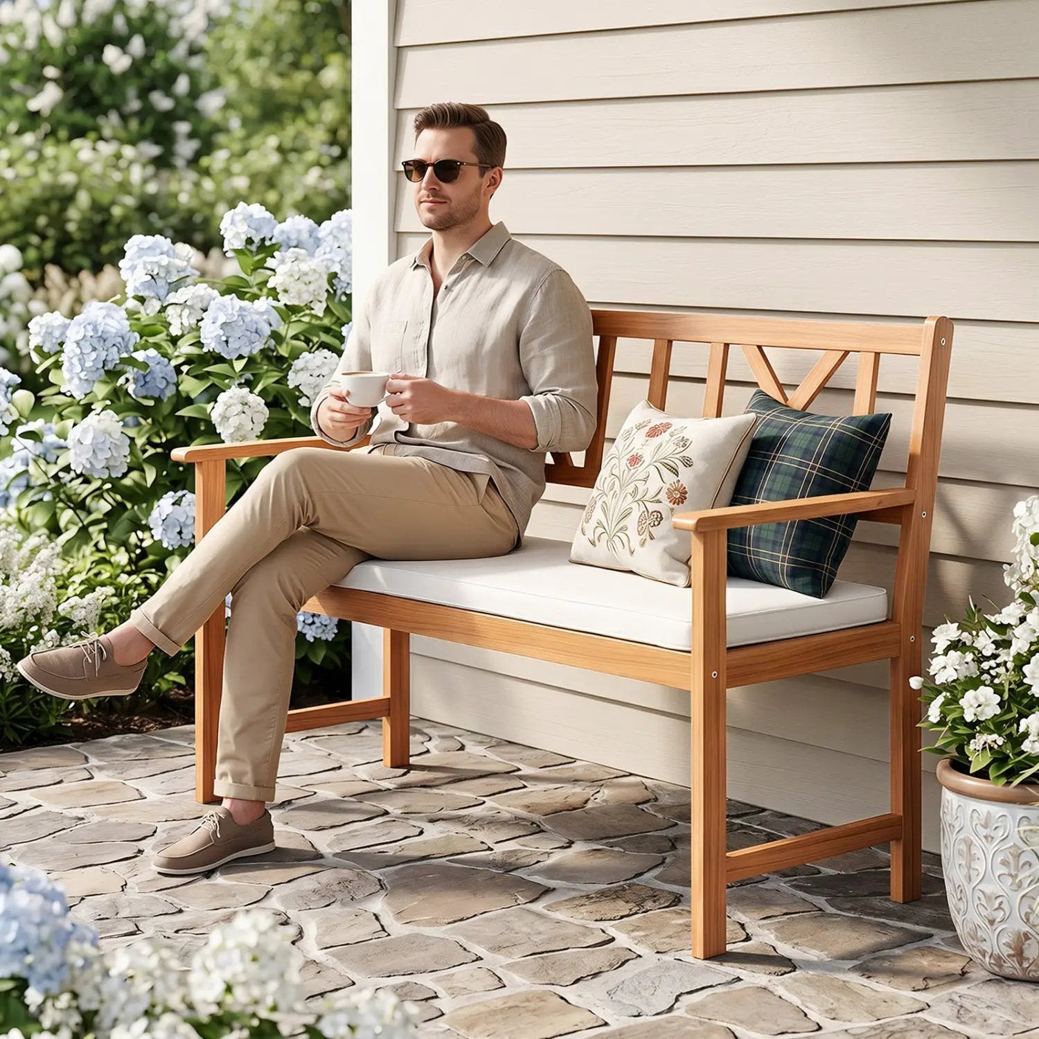 2-Person Acacia Wood Garden Bench with Removable Cushion by DirectDeals