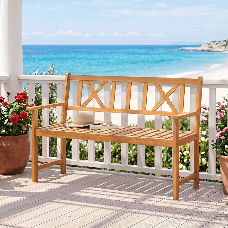2-Person Acacia Wood Garden Bench with X-Shaped Backrest by DirectDeals