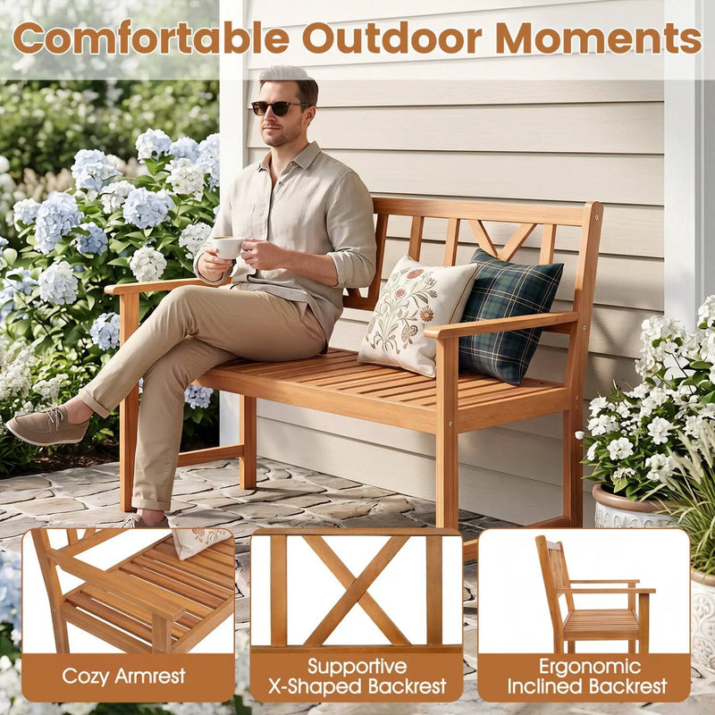 2-Person Acacia Wood Garden Bench with X-Shaped Backrest by DirectDeals