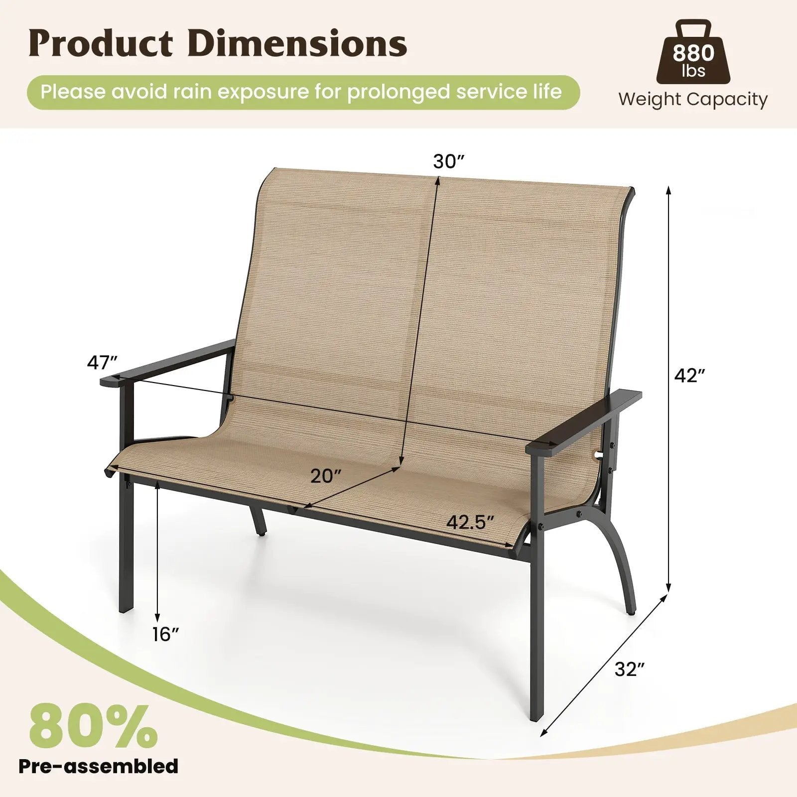 2-Person Patio Garden Bench with High Back and Armrests-Coffee by DirectDeals