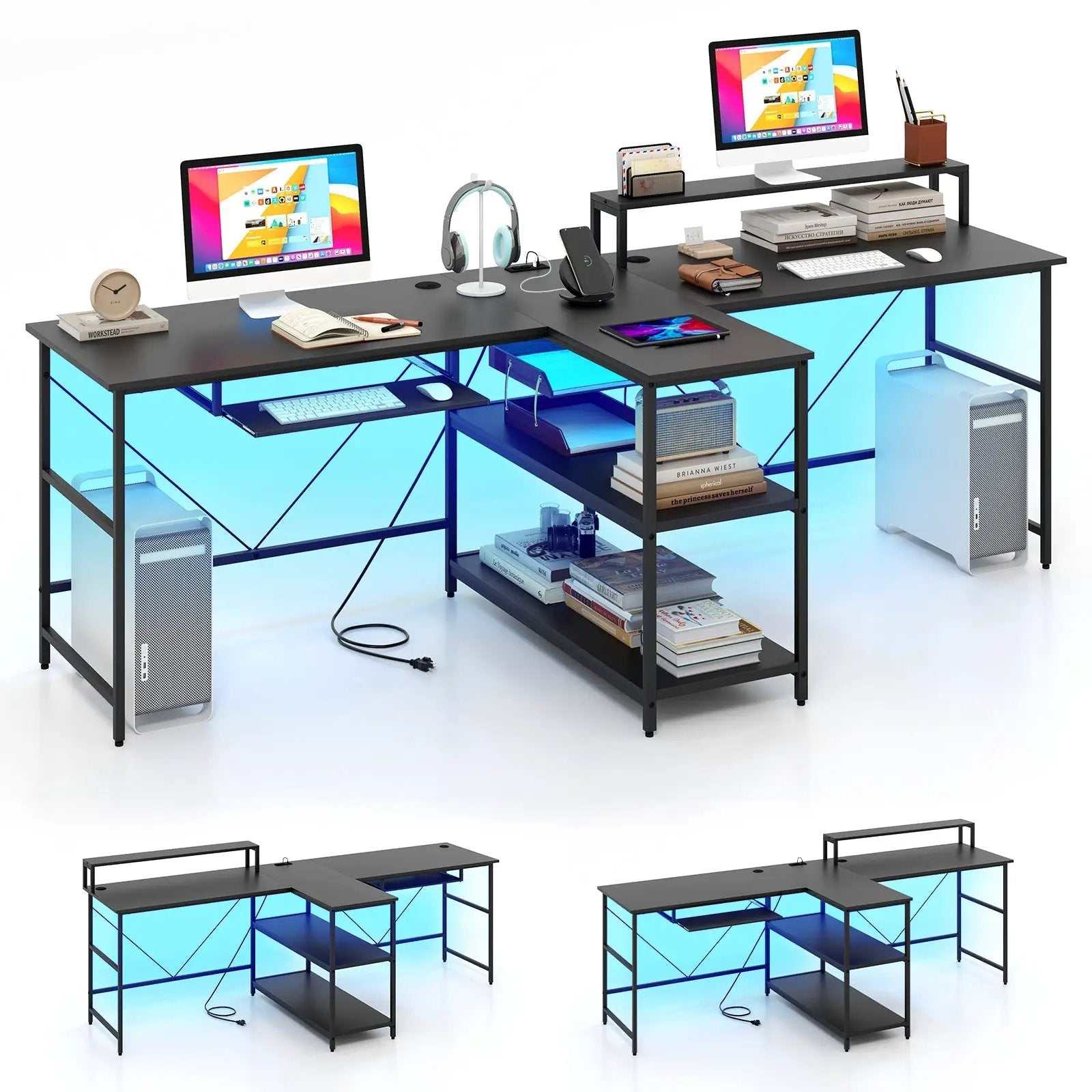 2-Person Reversible Computer Desk Long Office Desk with LED Lights by DirectDeals