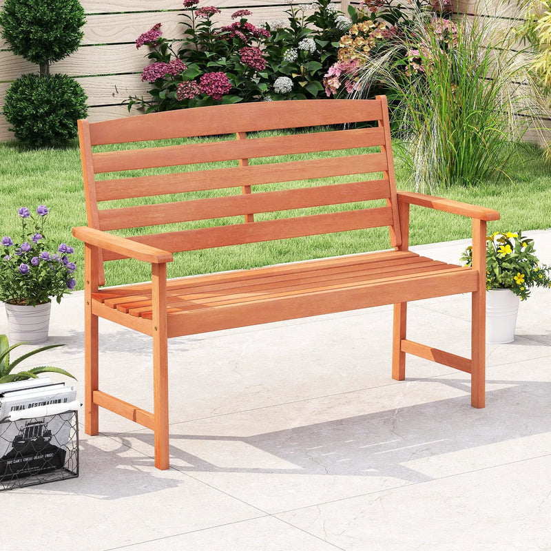 2-Person Wooden Garden Bench with Slatted Backrest and Comfortable Armrests by DirectDeals