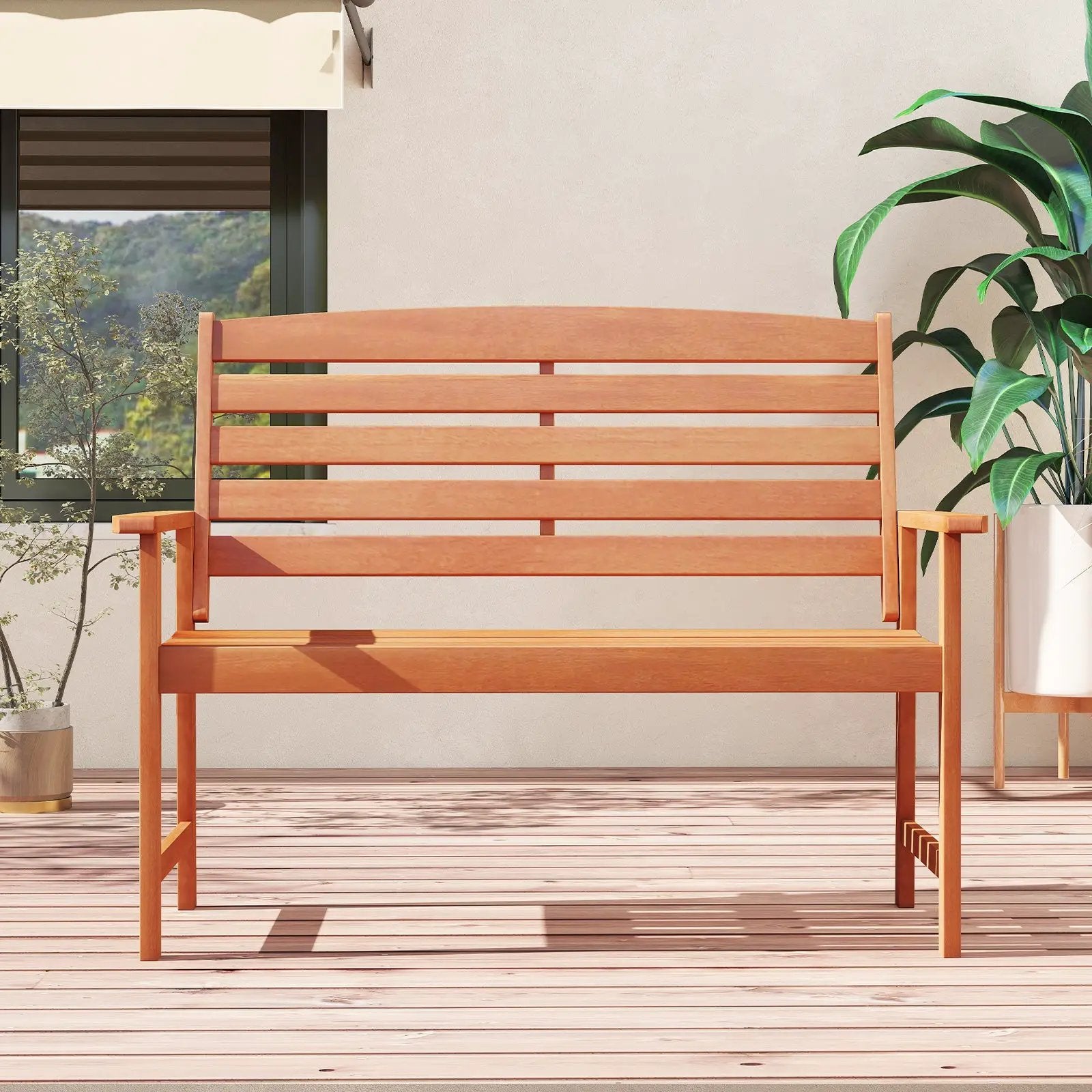2-Person Wooden Garden Bench with Slatted Backrest and Comfortable Armrests by DirectDeals