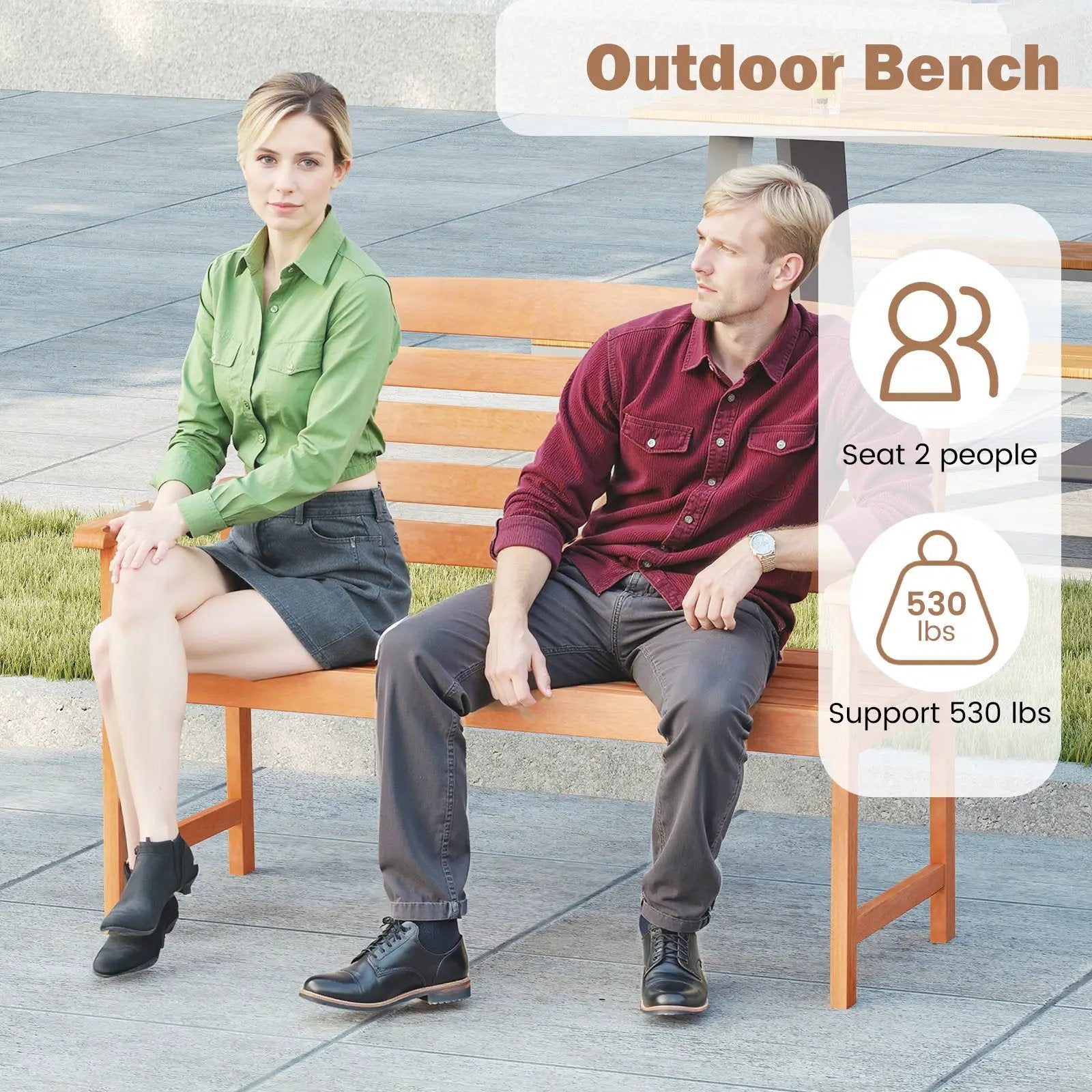 2-Person Wooden Garden Bench with Slatted Backrest and Comfortable Armrests by DirectDeals