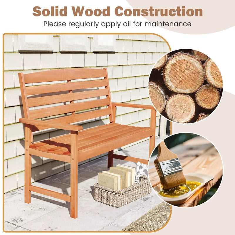 2-Person Wooden Garden Bench with Slatted Backrest and Comfortable Armrests by DirectDeals