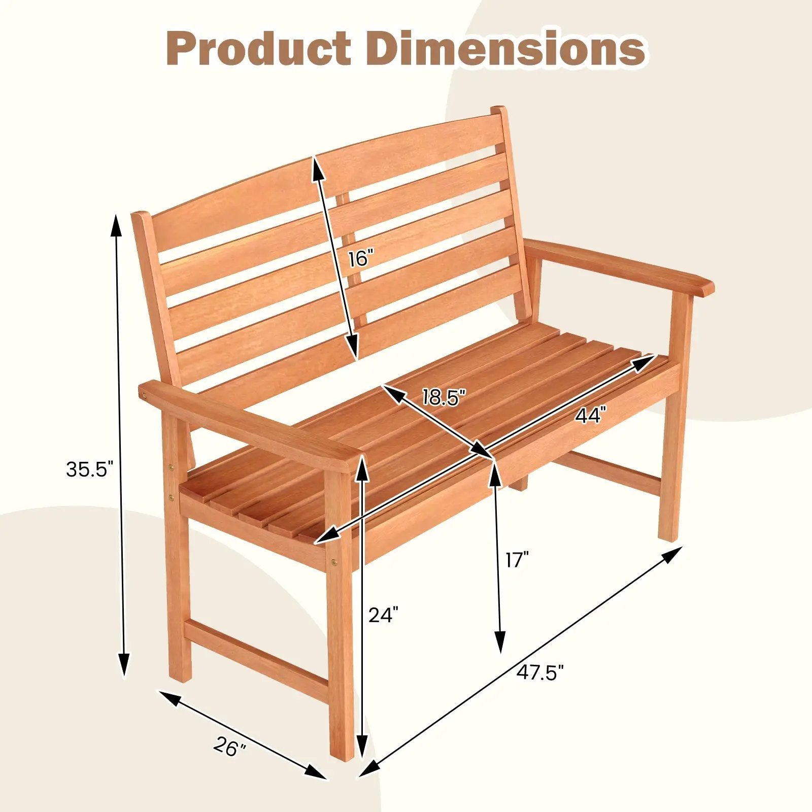 2-Person Wooden Garden Bench with Slatted Backrest and Comfortable Armrests by DirectDeals