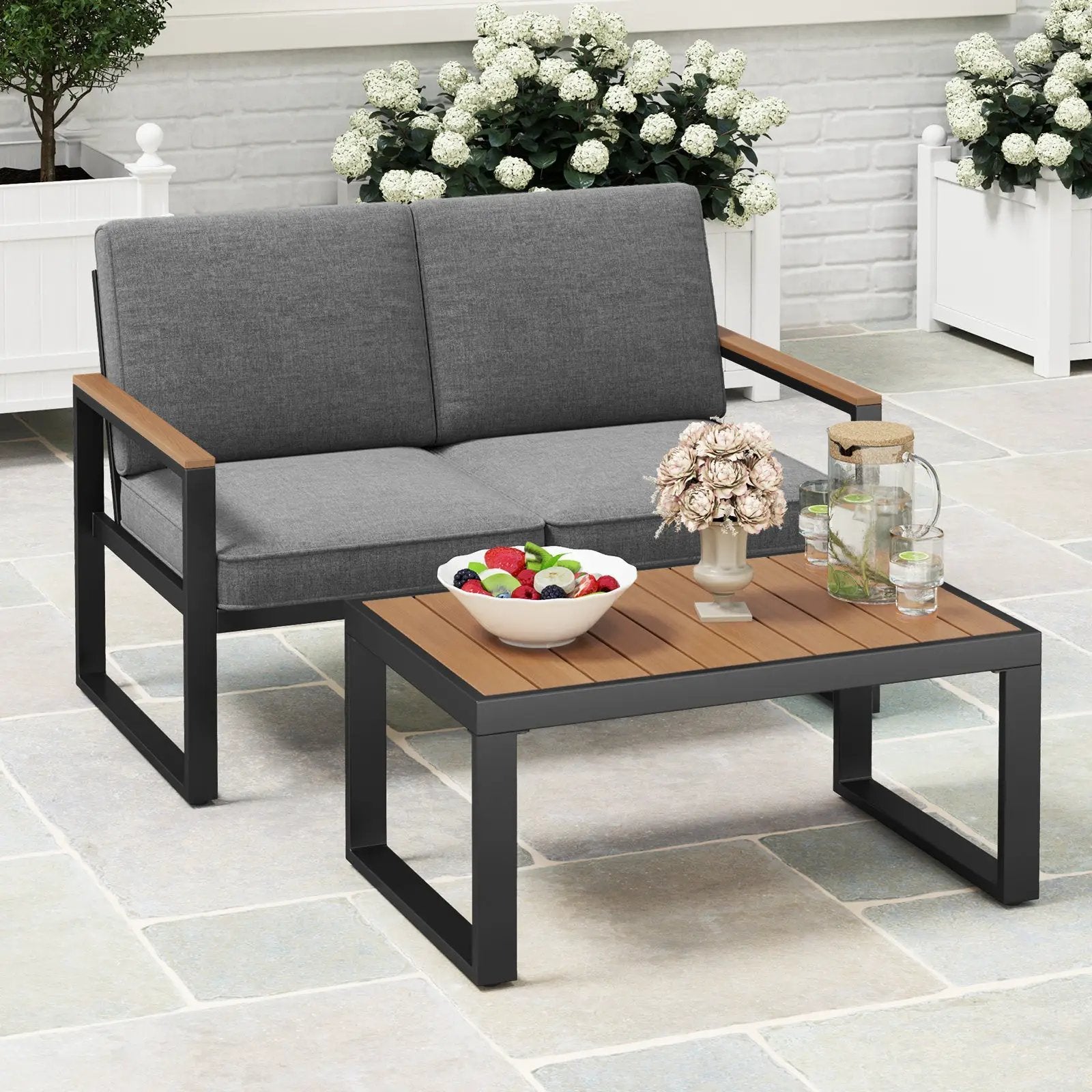 2 Piece Patio Aluminum Furniture Set with Wood-Plastic Armrests and Tabletop-Gray by DirectDeals