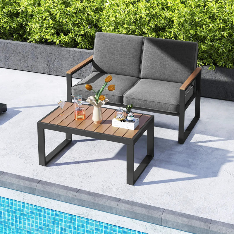 2 Piece Patio Aluminum Furniture Set with Wood-Plastic Armrests and Tabletop-Gray by DirectDeals