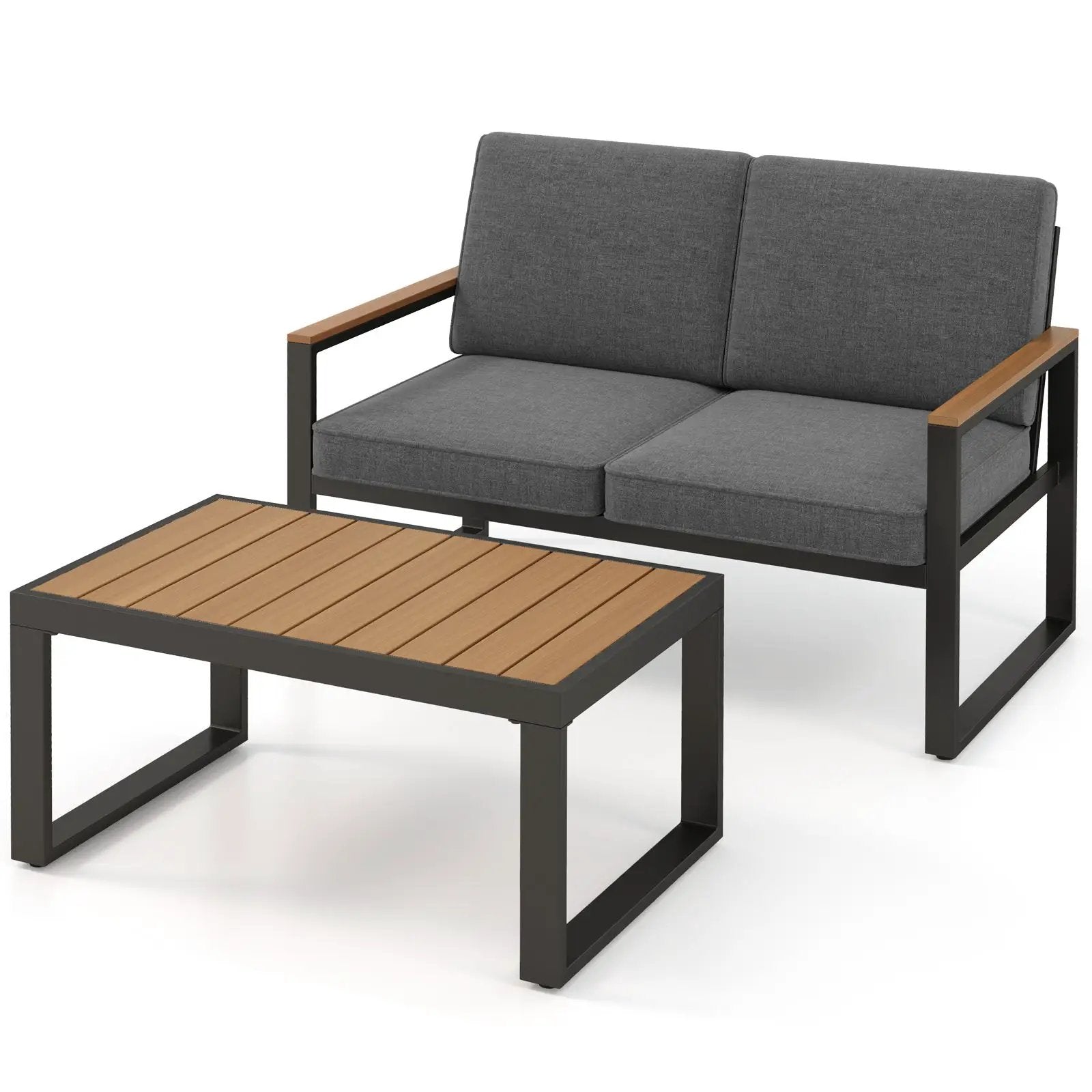 2 Piece Patio Aluminum Furniture Set with Wood-Plastic Armrests and Tabletop-Gray by DirectDeals