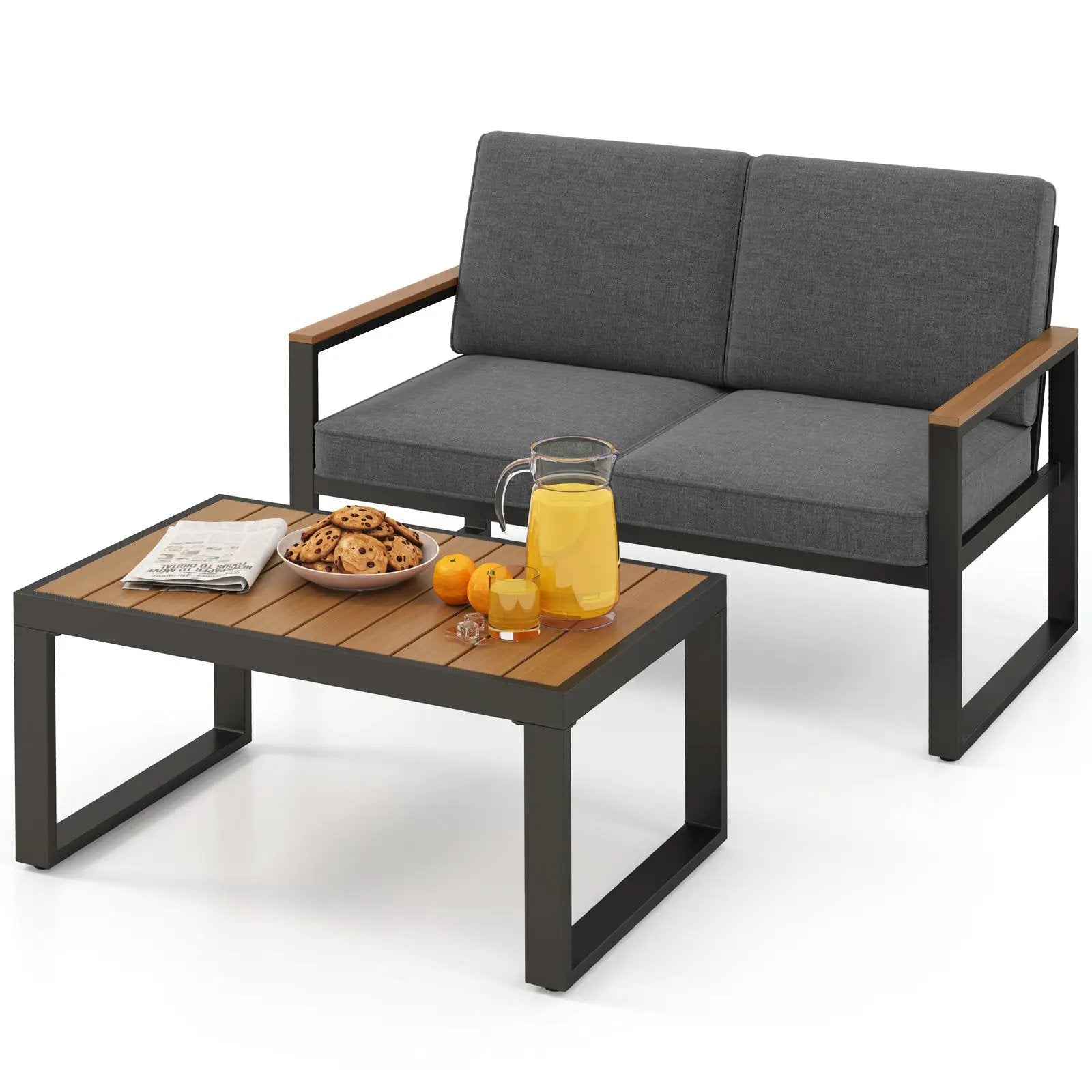 2 Piece Patio Aluminum Furniture Set with Wood-Plastic Armrests and Tabletop-Gray by DirectDeals
