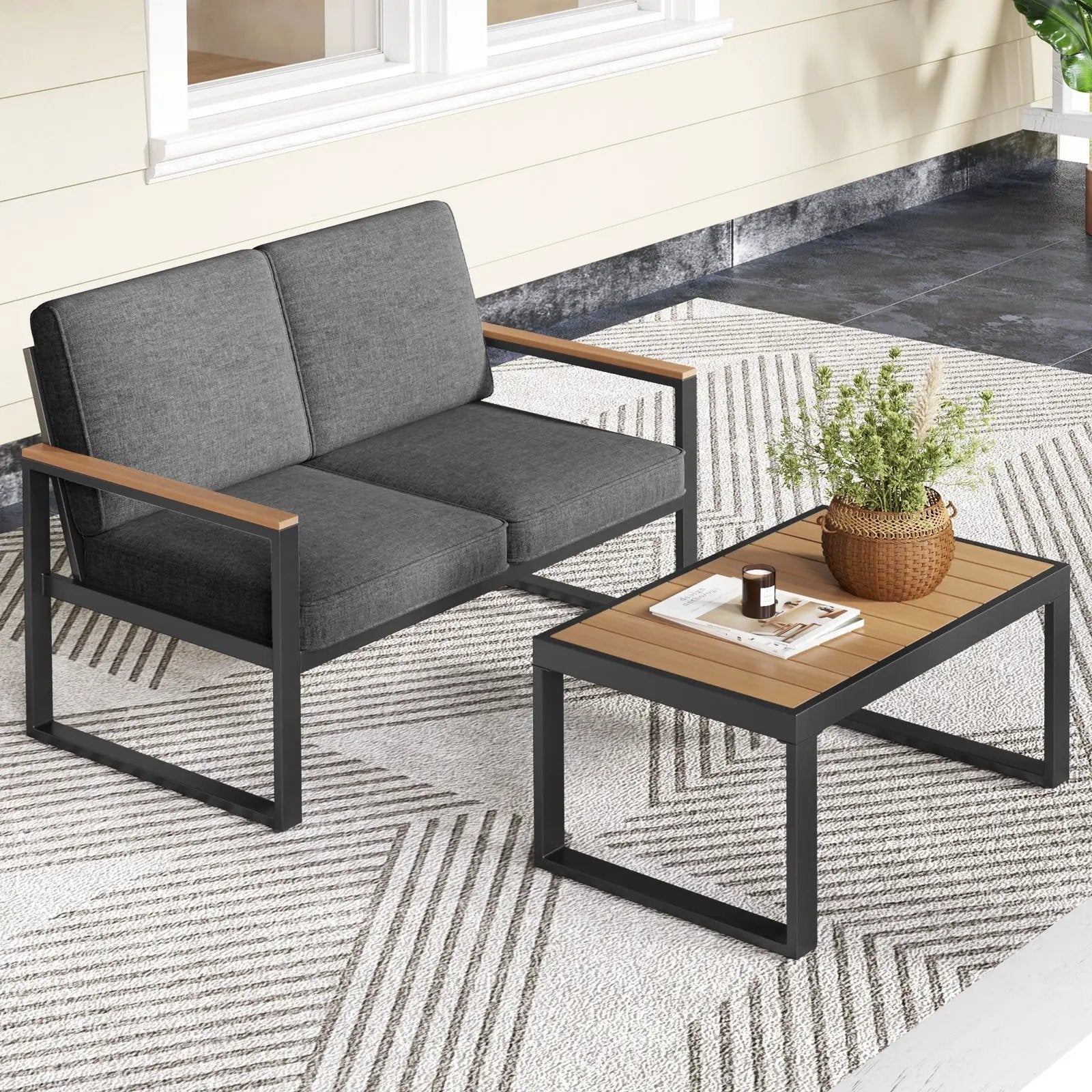 2 Piece Patio Aluminum Furniture Set with Wood-Plastic Armrests and Tabletop-Gray by DirectDeals
