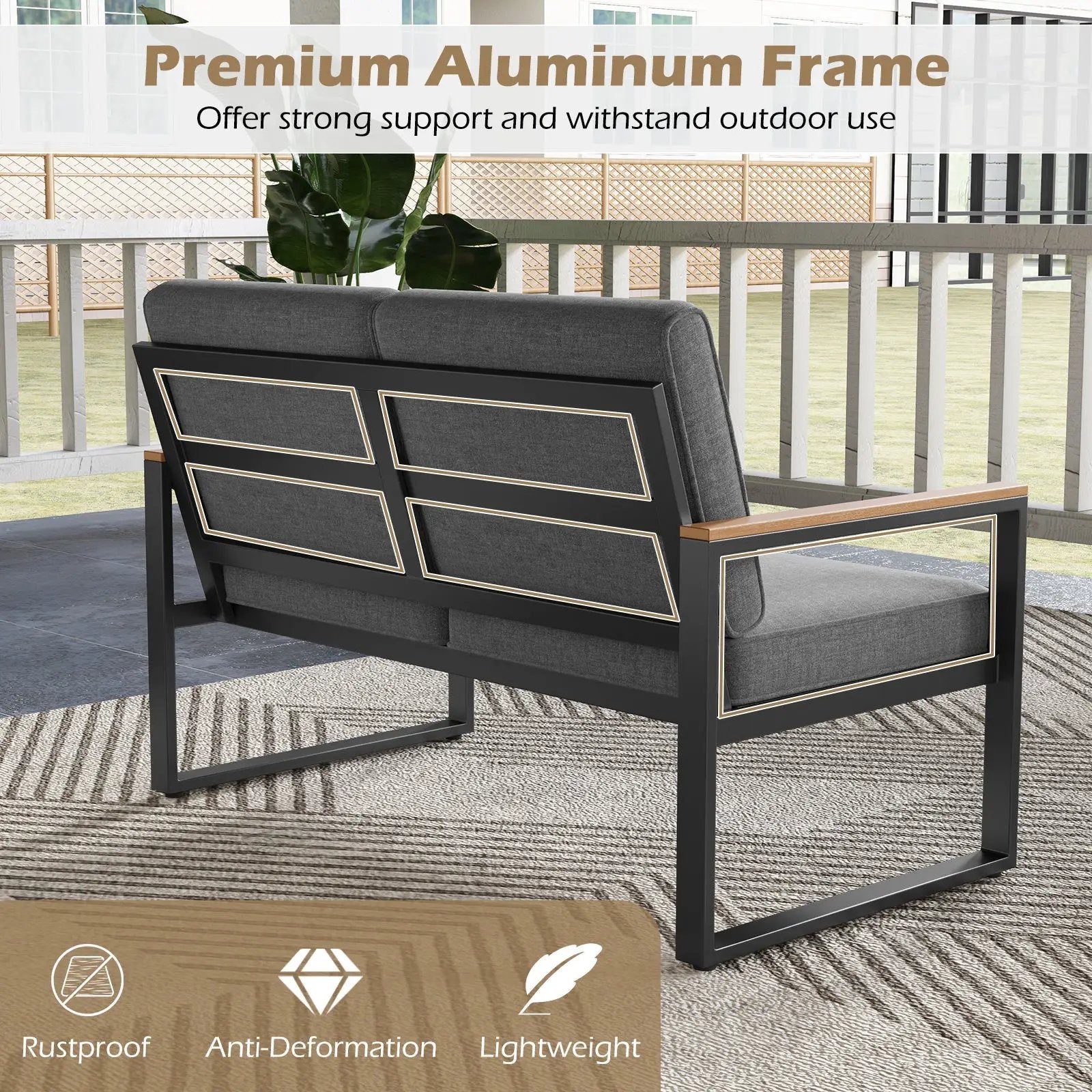 2 Piece Patio Aluminum Furniture Set with Wood-Plastic Armrests and Tabletop-Gray by DirectDeals
