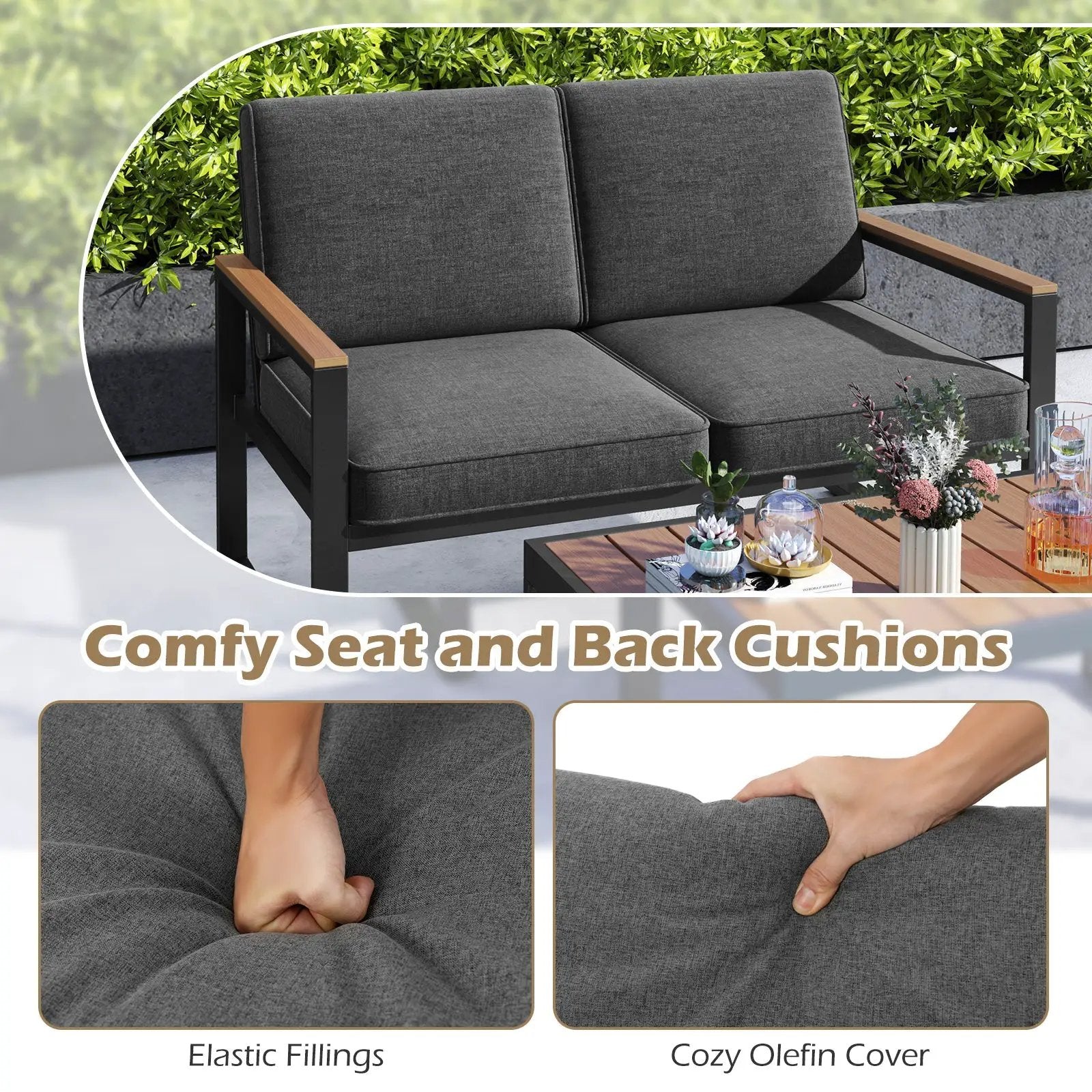 2 Piece Patio Aluminum Furniture Set with Wood-Plastic Armrests and Tabletop-Gray by DirectDeals