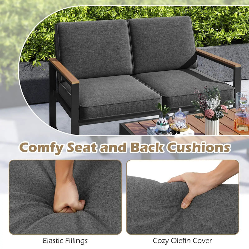 2 Piece Patio Aluminum Furniture Set with Wood-Plastic Armrests and Tabletop-Gray by DirectDeals