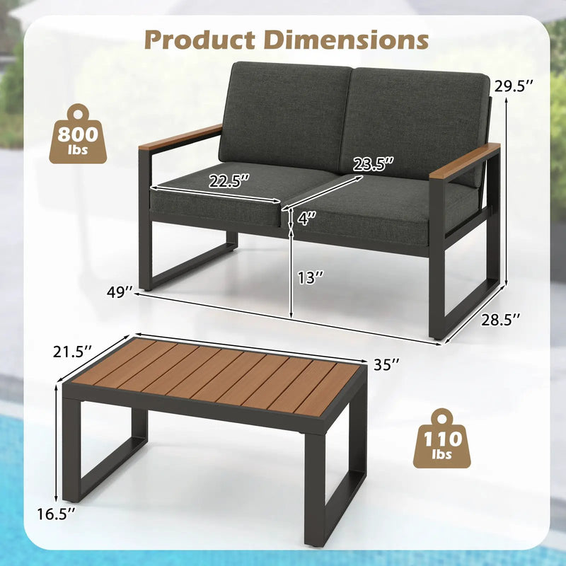 2 Piece Patio Aluminum Furniture Set with Wood-Plastic Armrests and Tabletop-Gray by DirectDeals
