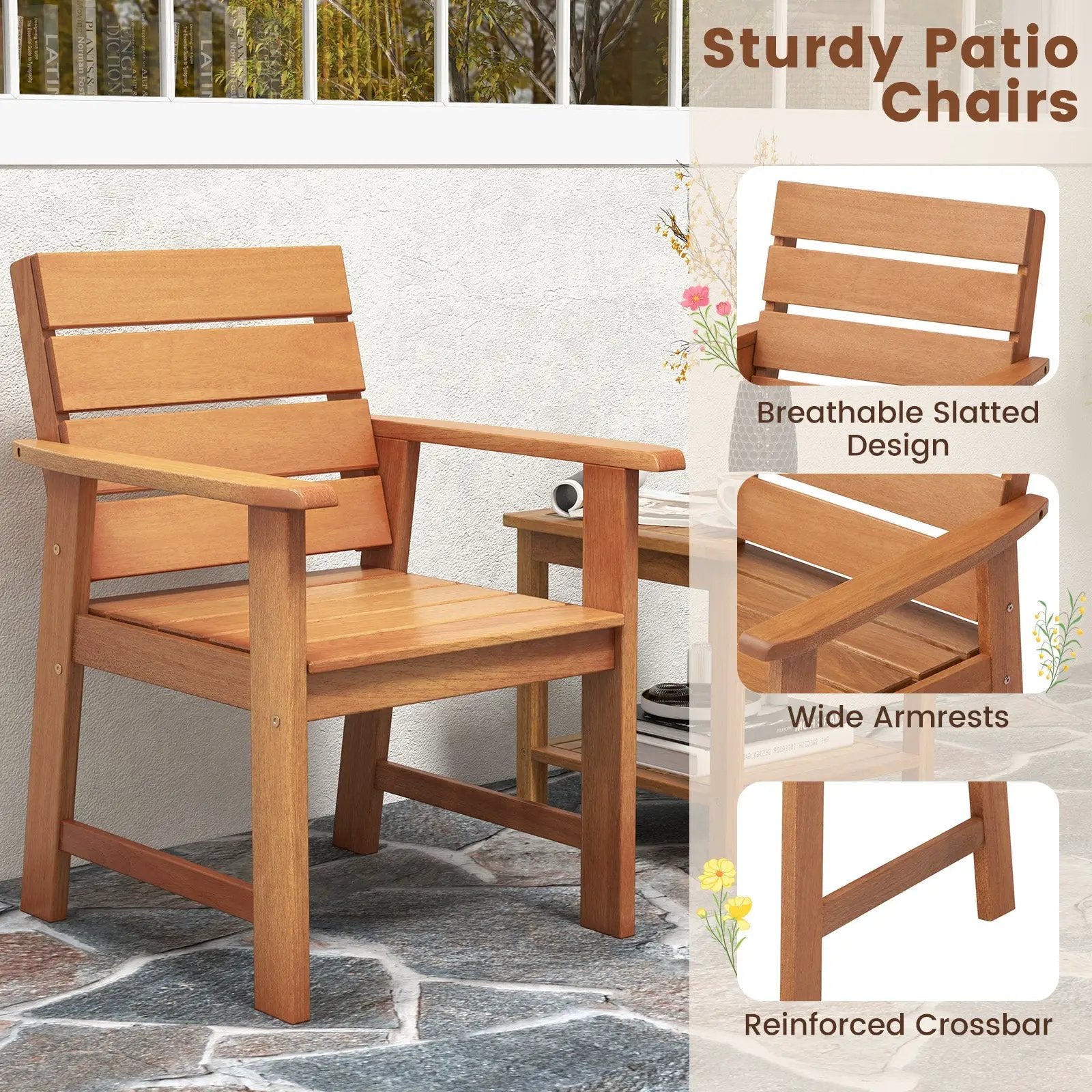 2 Piece Patio Hardwood Chair with Slatted Seat and Inclined Backrest by DirectDeals