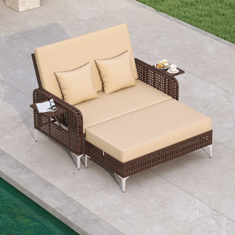 2 Piece Patio Rattan Daybed Wicker Loveseat and Ottoman with Adjustable Backrest by DirectDeals