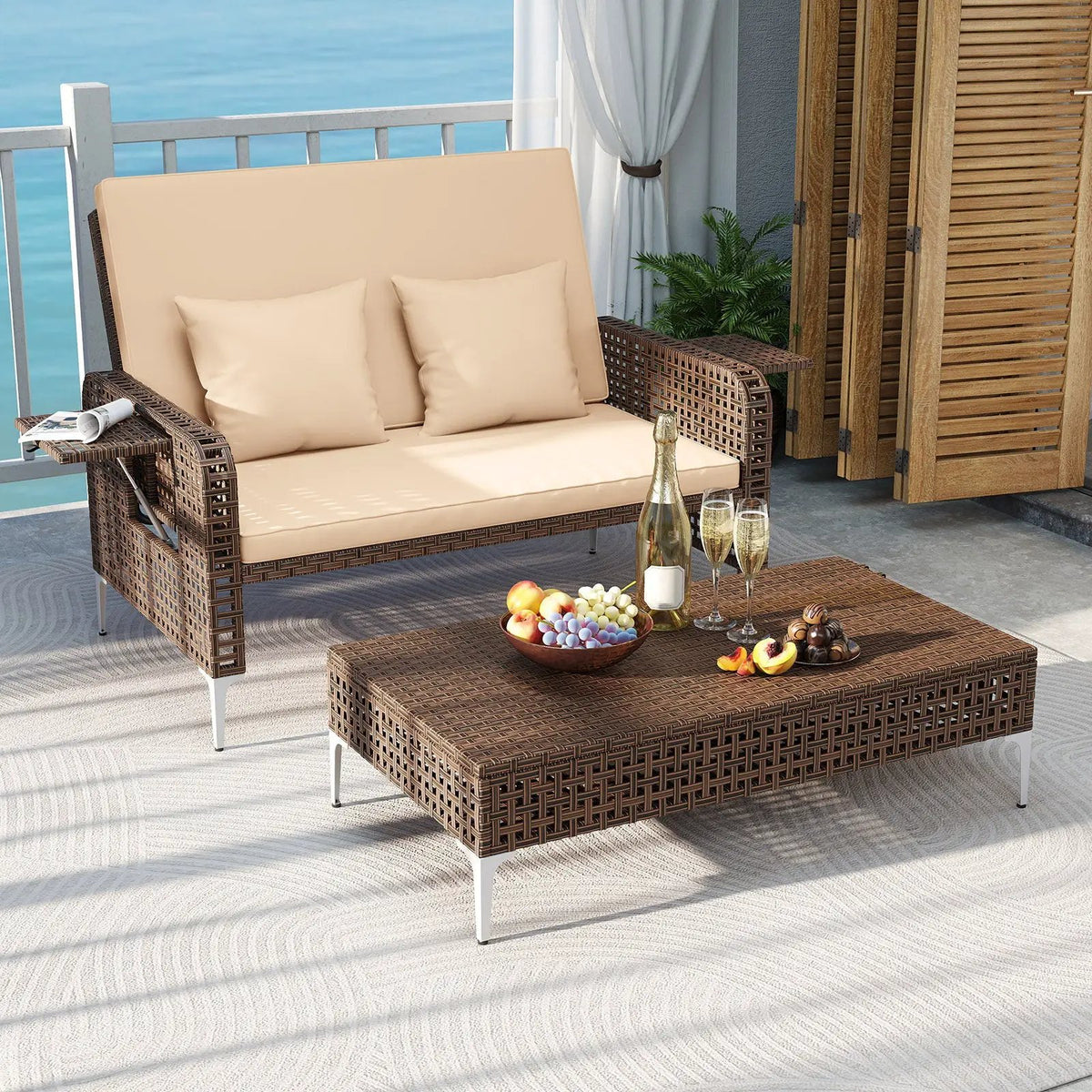 2 Piece Patio Rattan Daybed Wicker Loveseat and Ottoman with Adjustable Backrest, photo 2 of 16
