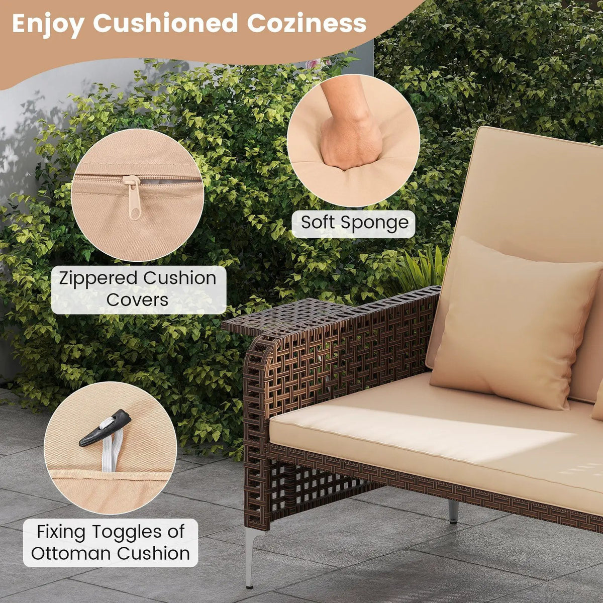 2 Piece Patio Rattan Daybed Wicker Loveseat and Ottoman with Adjustable Backrest, photo 14 of 16