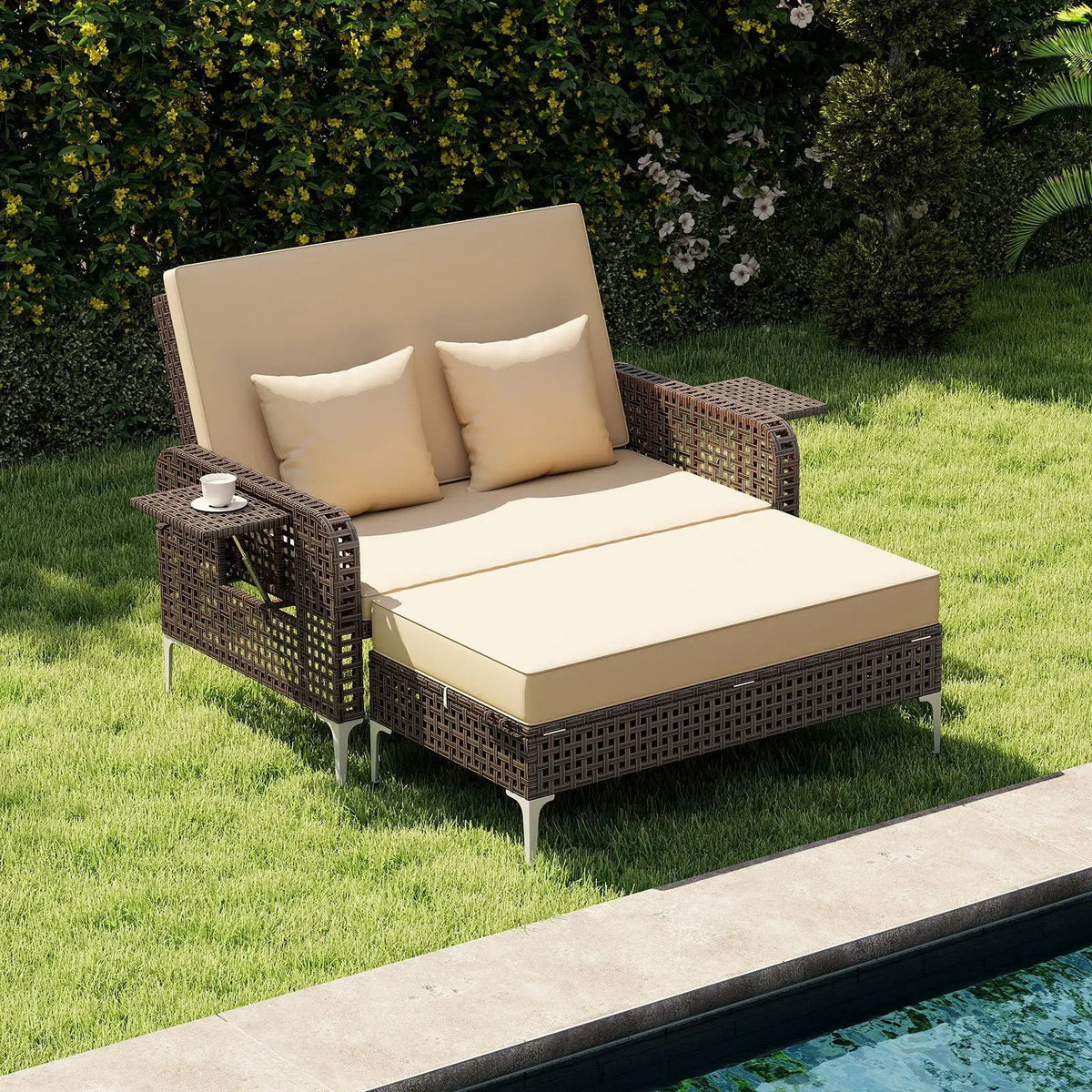 2 Piece Patio Rattan Daybed Wicker Loveseat and Ottoman with Adjustable Backrest, photo 4 of 16