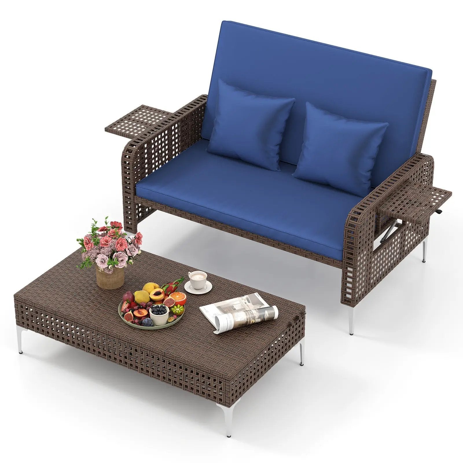 2 Piece Patio Rattan Daybed Wicker Loveseat and Ottoman with Adjustable Backrest by DirectDeals