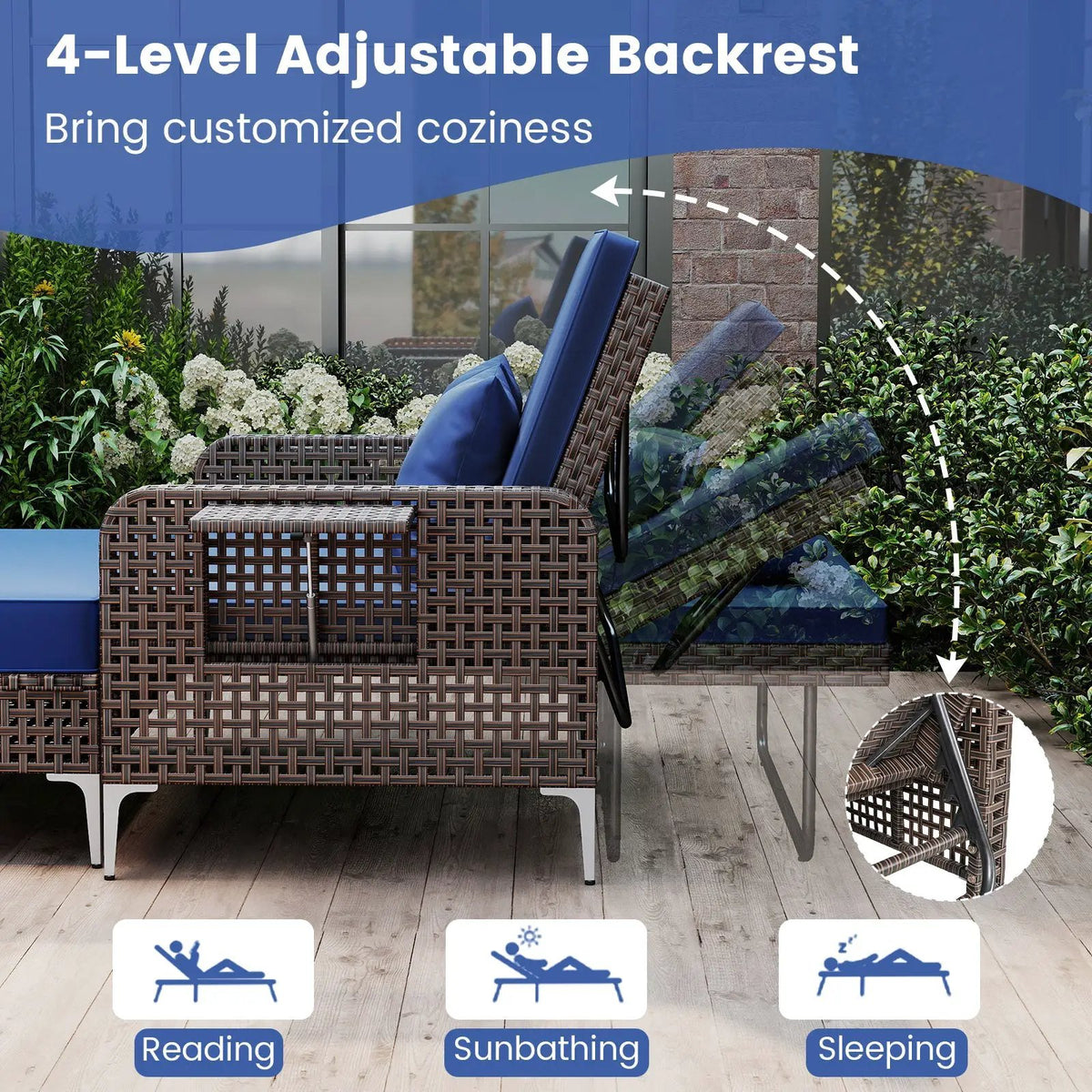 2 Piece Patio Rattan Daybed Wicker Loveseat and Ottoman with Adjustable Backrest, photo 13 of 16