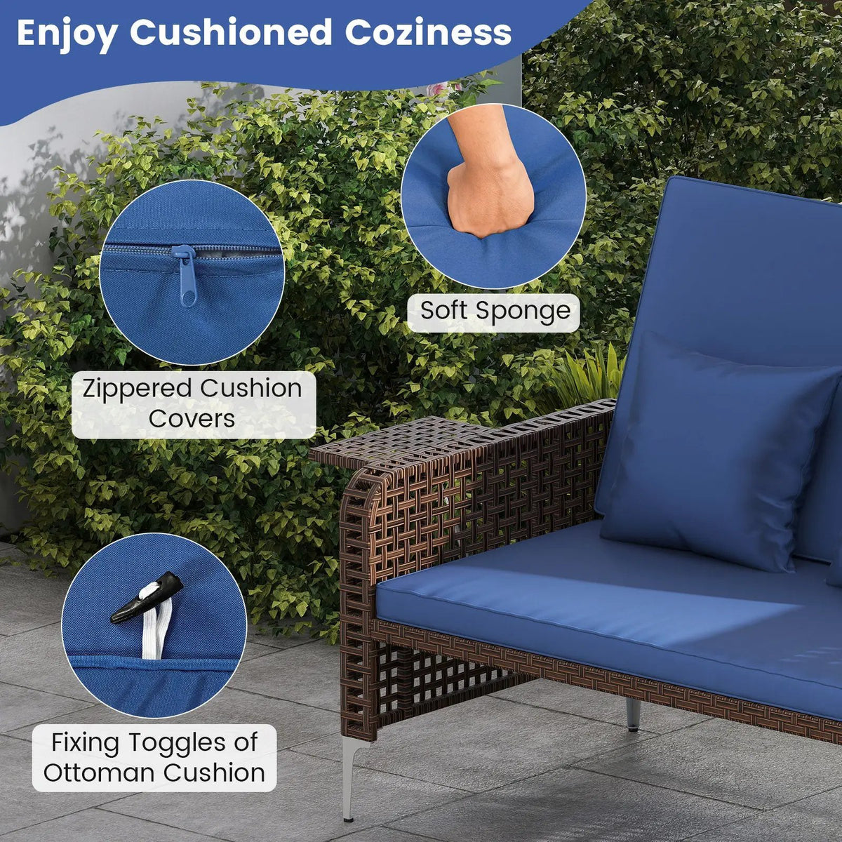 2 Piece Patio Rattan Daybed Wicker Loveseat and Ottoman with Adjustable Backrest, photo 15 of 16