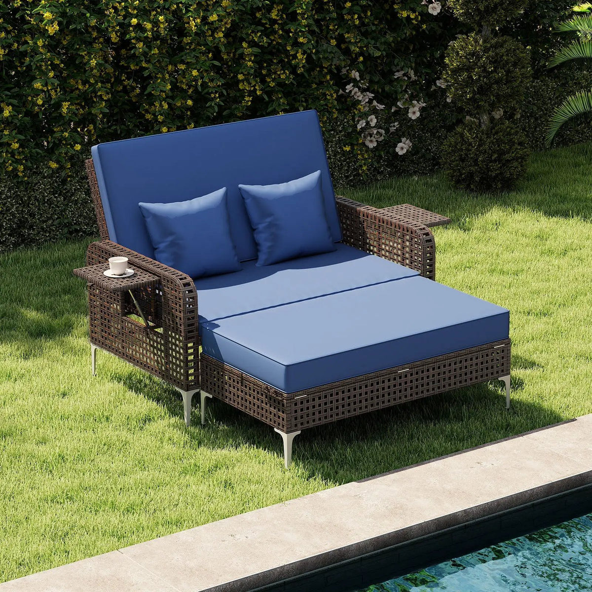 2 Piece Patio Rattan Daybed Wicker Loveseat and Ottoman with Adjustable Backrest, photo 3 of 16