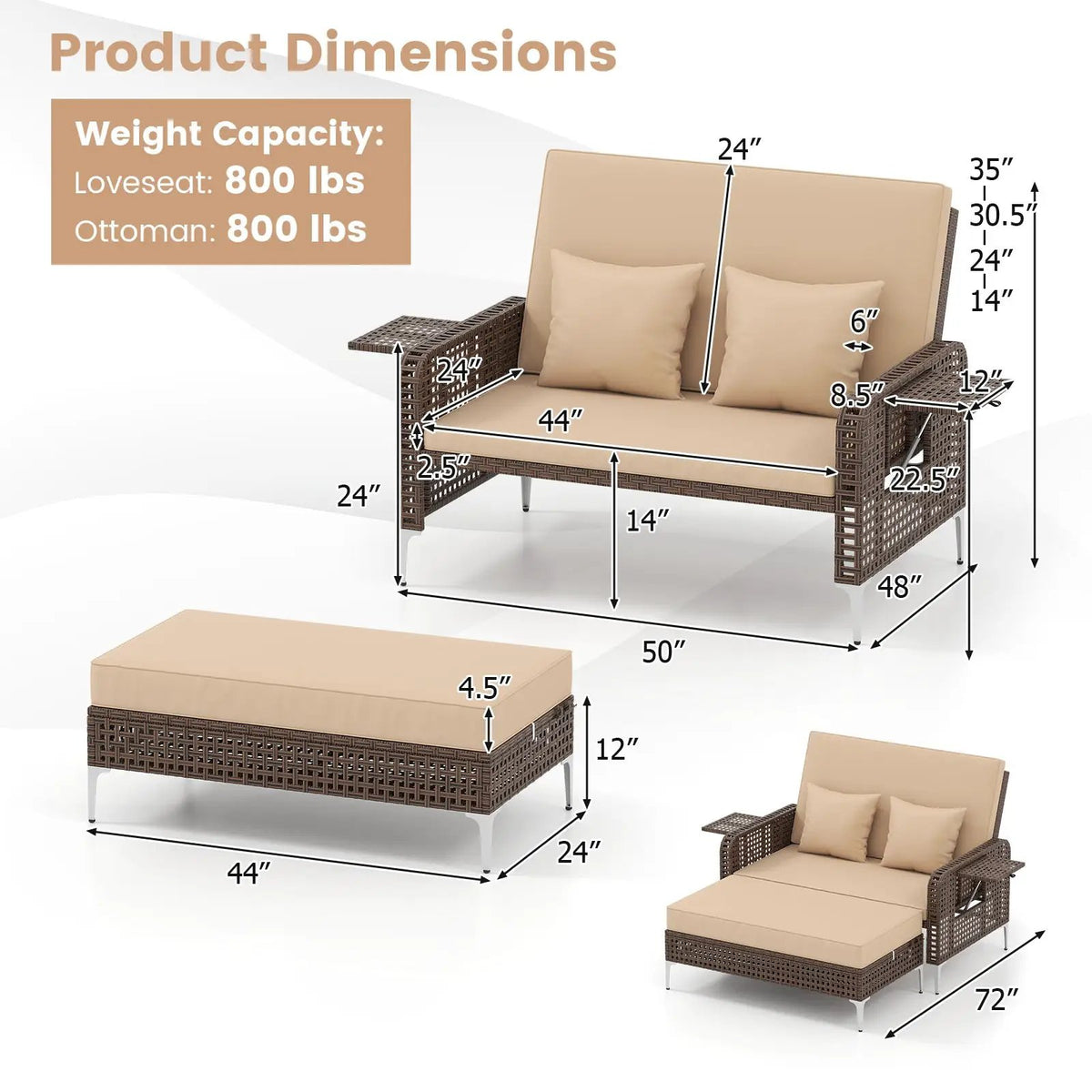 2 Piece Patio Rattan Daybed Wicker Loveseat and Ottoman with Adjustable Backrest, photo 10 of 16