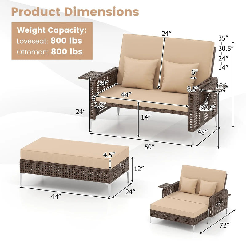 2 Piece Patio Rattan Daybed Wicker Loveseat and Ottoman with Adjustable Backrest by DirectDeals