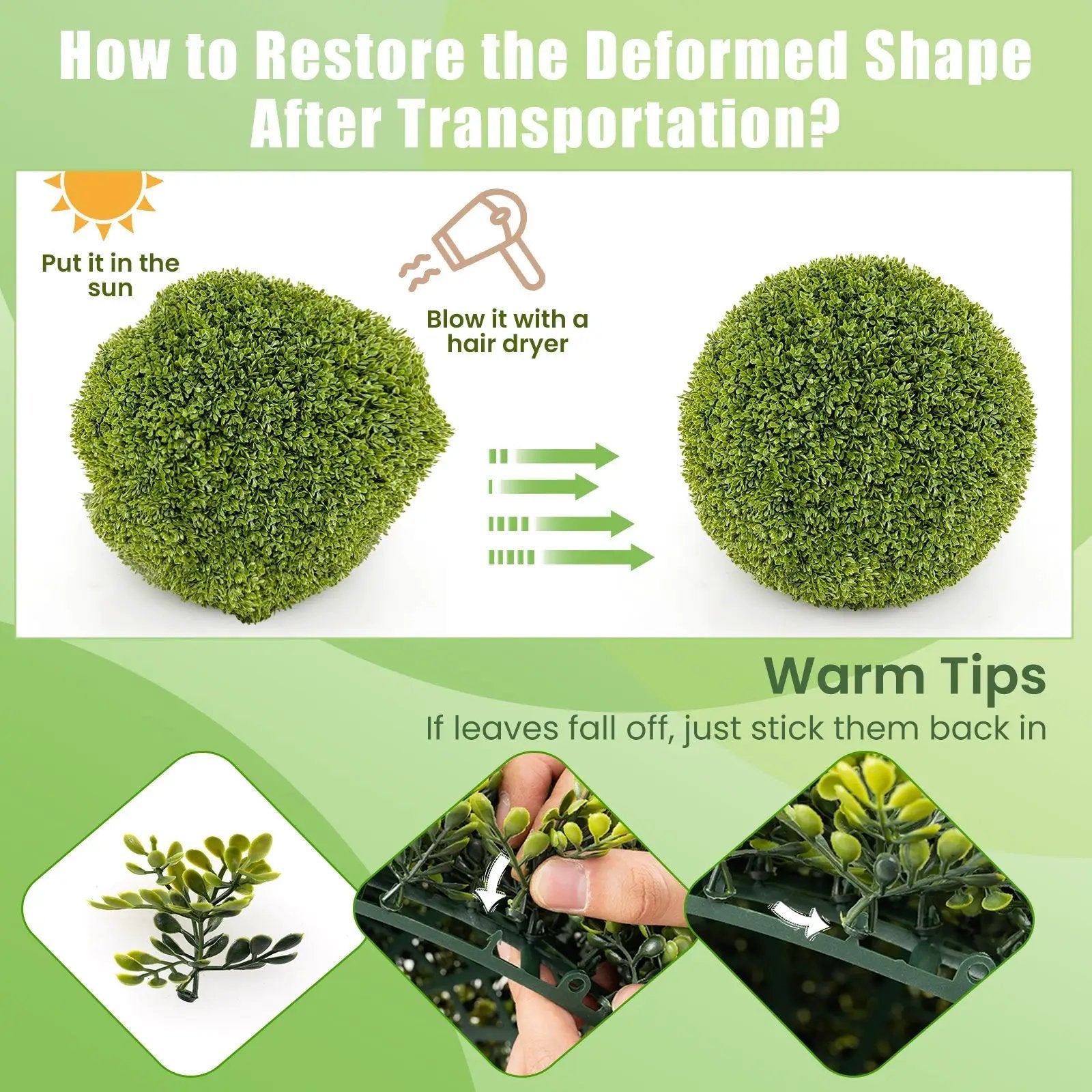 2 Pieces 20 Inches Artificial Sun-Protective Topiary Spheres for Patio Garden Front Door Balcony Backyard-M by DirectDeals