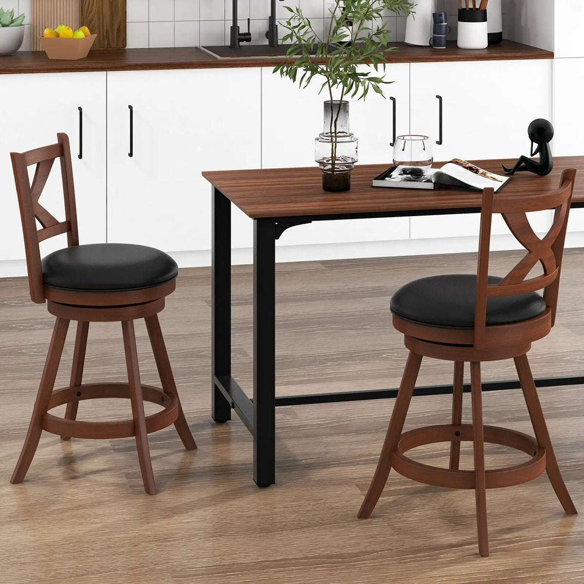 2 Pieces Classic Counter Height Swivel Bar Stool Set with X-shaped Open Back, photo 2 of 9