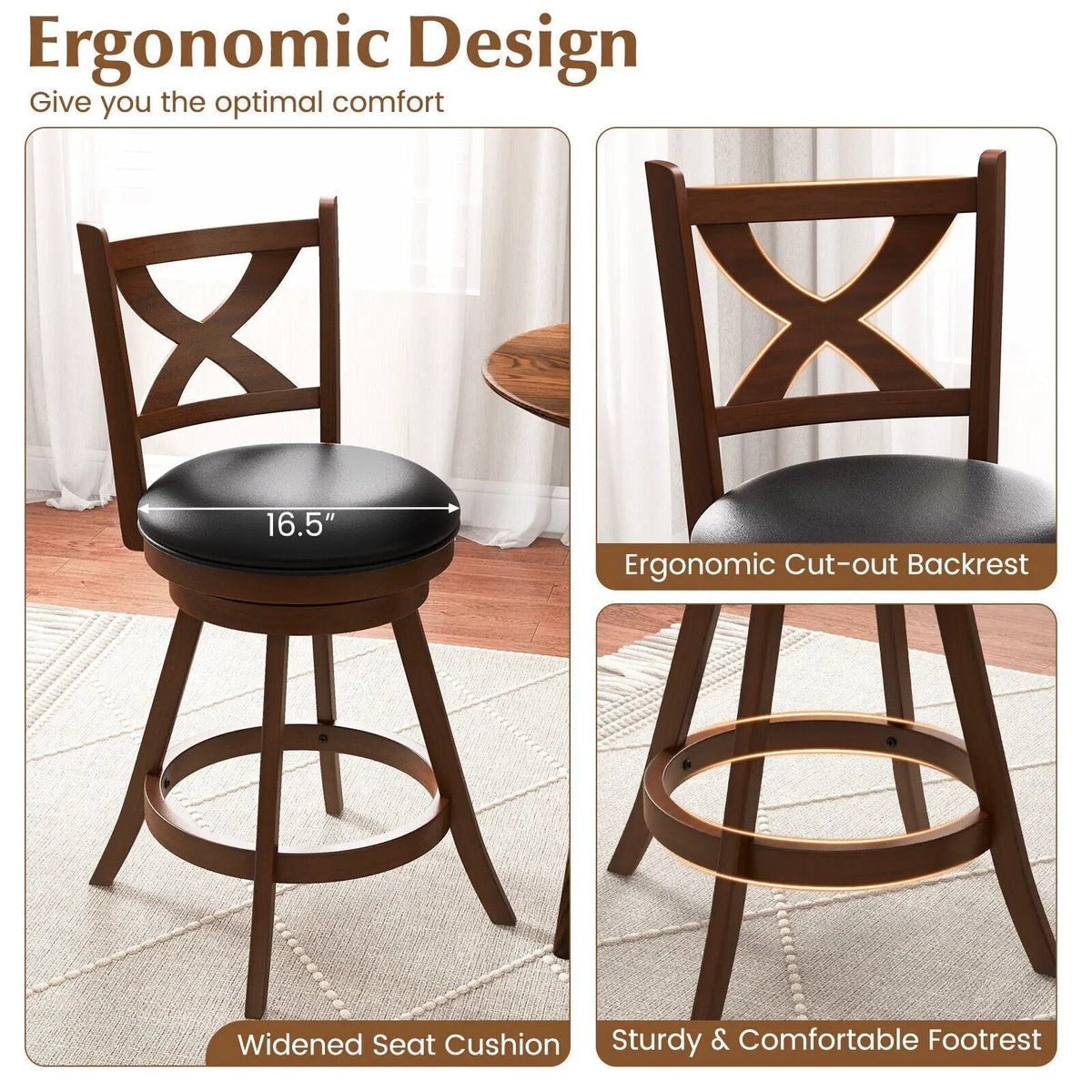 2 Pieces Classic Counter Height Swivel Bar Stool Set with X-shaped Open Back, photo 5 of 9