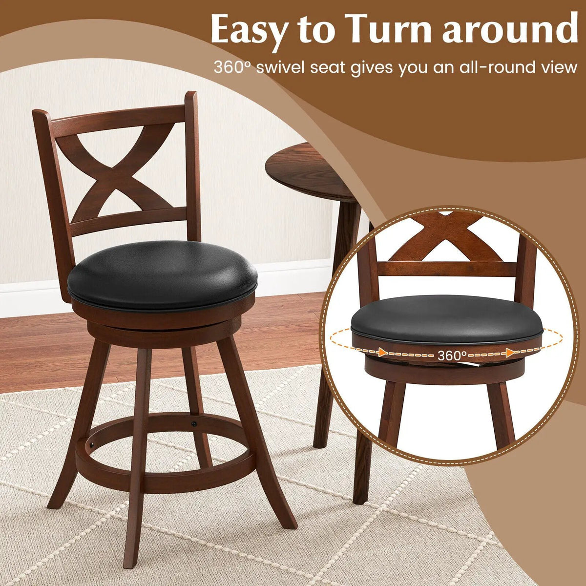 2 Pieces Classic Counter Height Swivel Bar Stool Set with X-shaped Open Back, photo 6 of 9