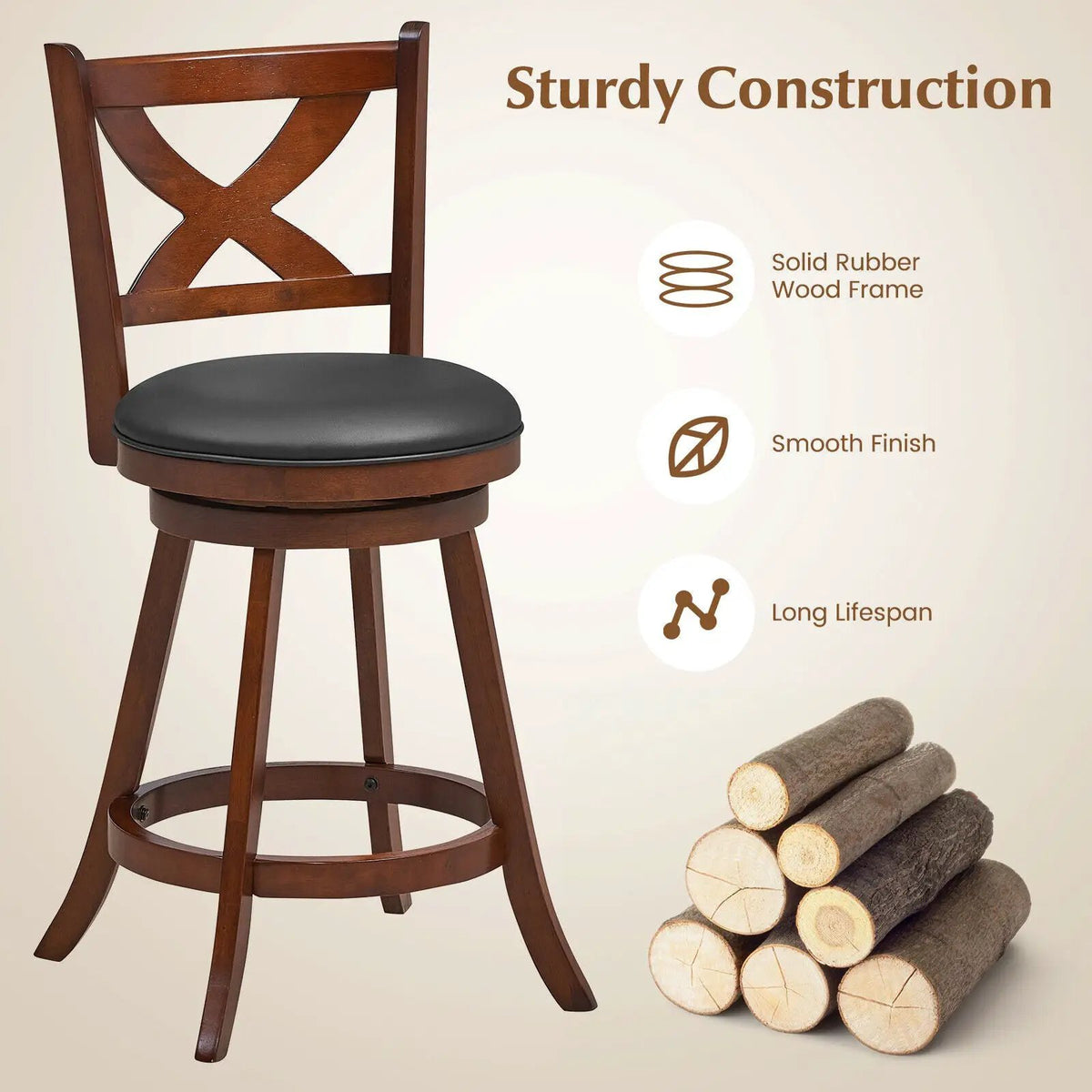 2 Pieces Classic Counter Height Swivel Bar Stool Set with X-shaped Open Back, photo 7 of 9