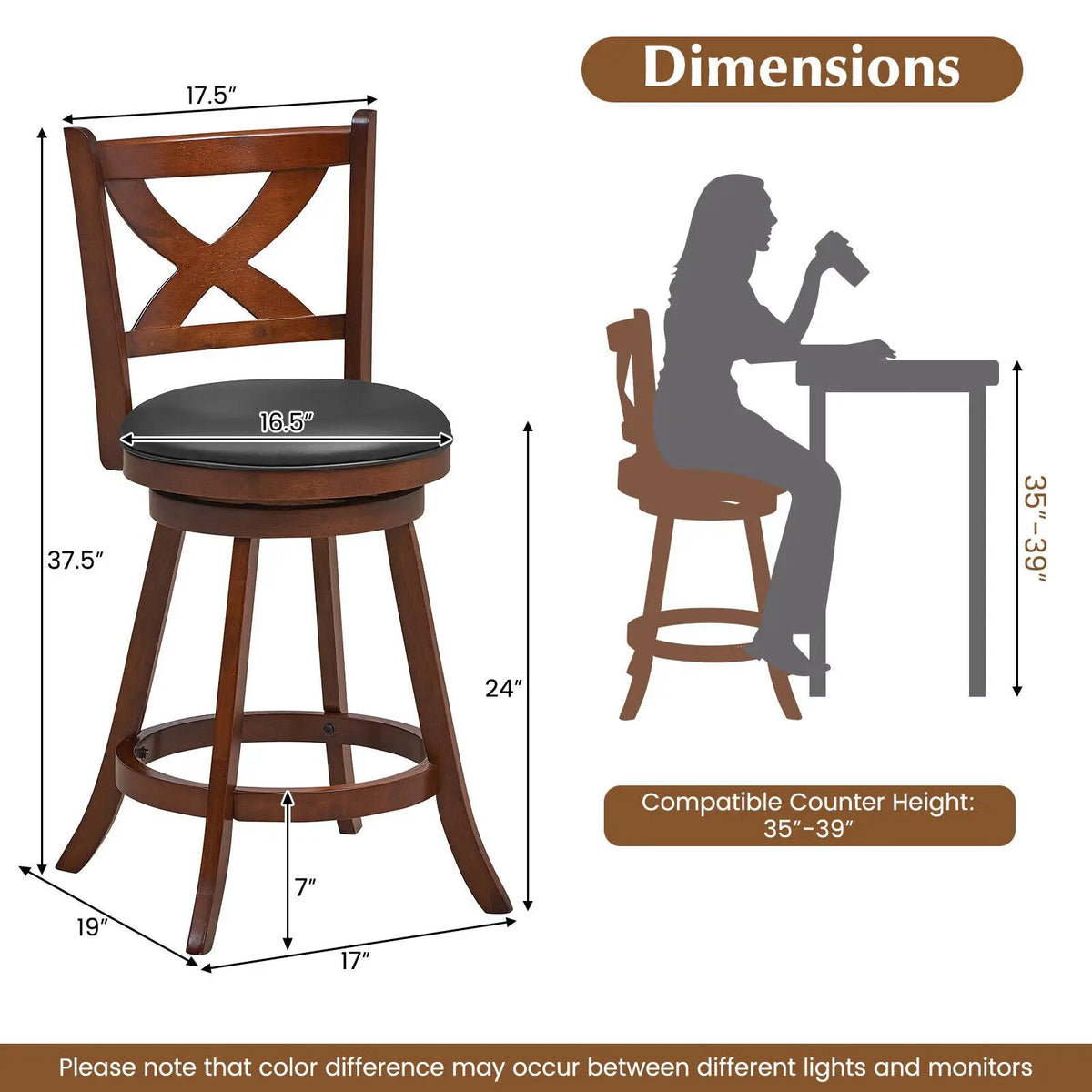 2 Pieces Classic Counter Height Swivel Bar Stool Set with X-shaped Open Back, photo 4 of 9