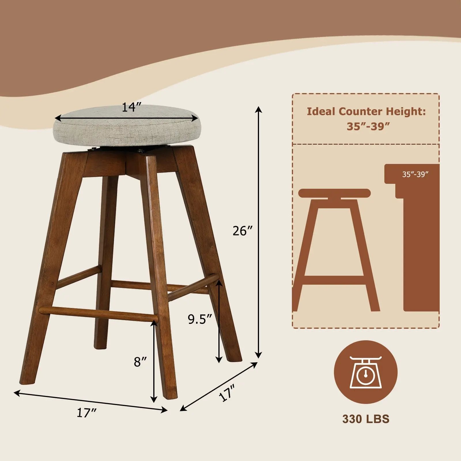 2 Pieces 26 Inch Backless Swivel Barstools with Linen Fabric Seat-Beige by DirectDeals