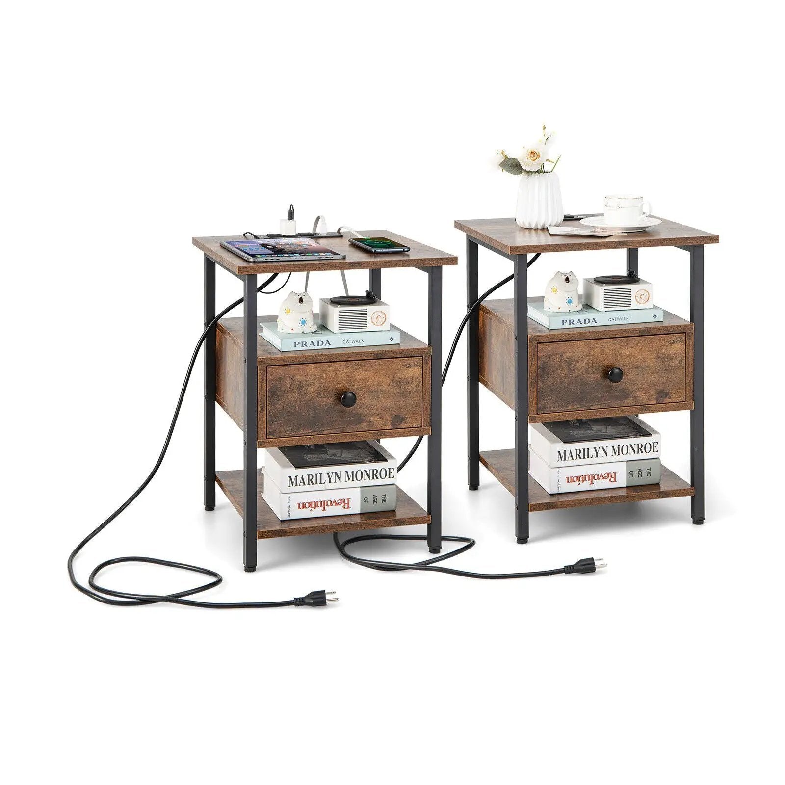 1/2 Pieces 3-Tier Nightstand with Charging Station and Drawer by DirectDeals