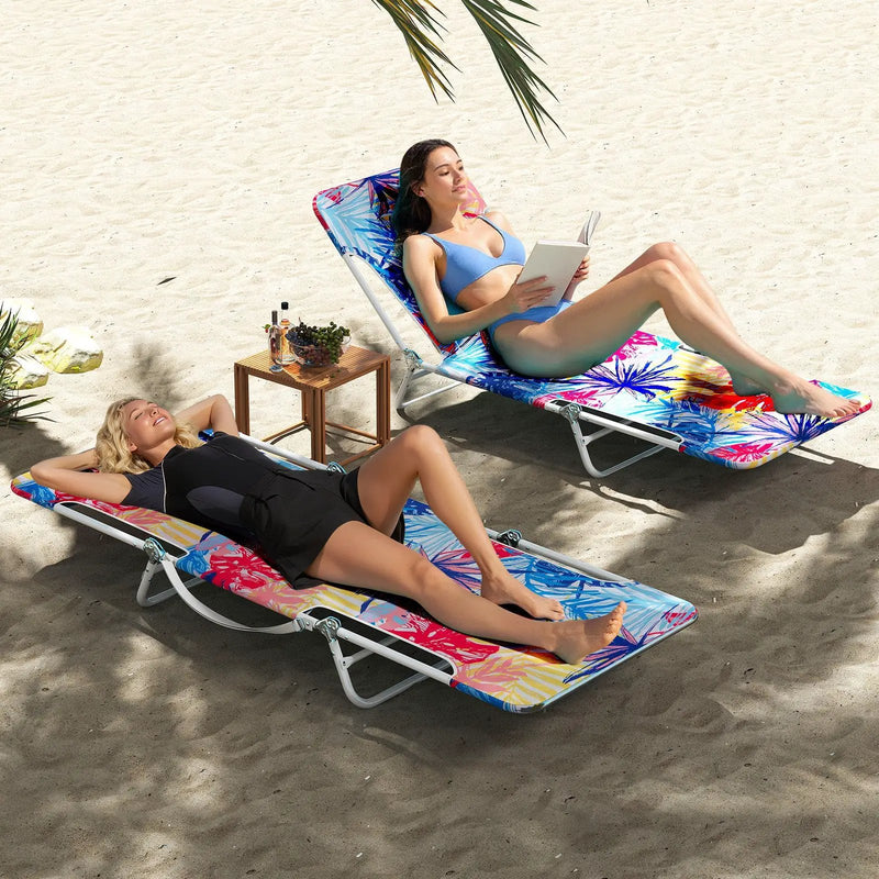 2 Pieces 5-position Lay Flat Beach Recliner with Carry Strap and Metal Frame by DirectDeals