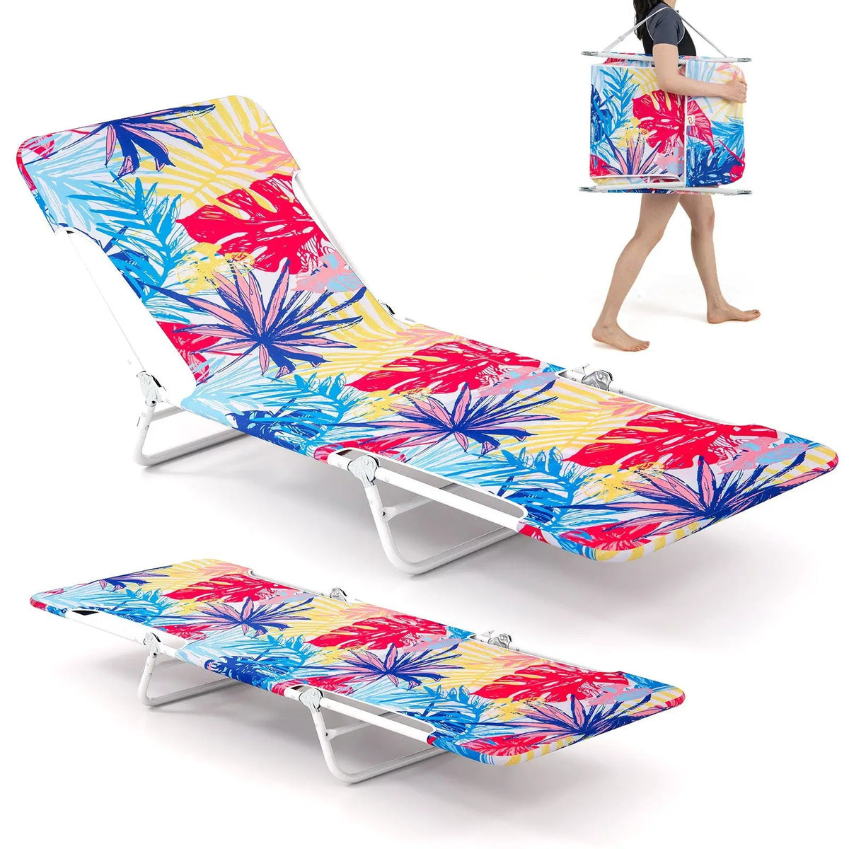 2 Pieces 5-position Lay Flat Beach Recliner with Carry Strap and Metal Frame, photo 7 of 24