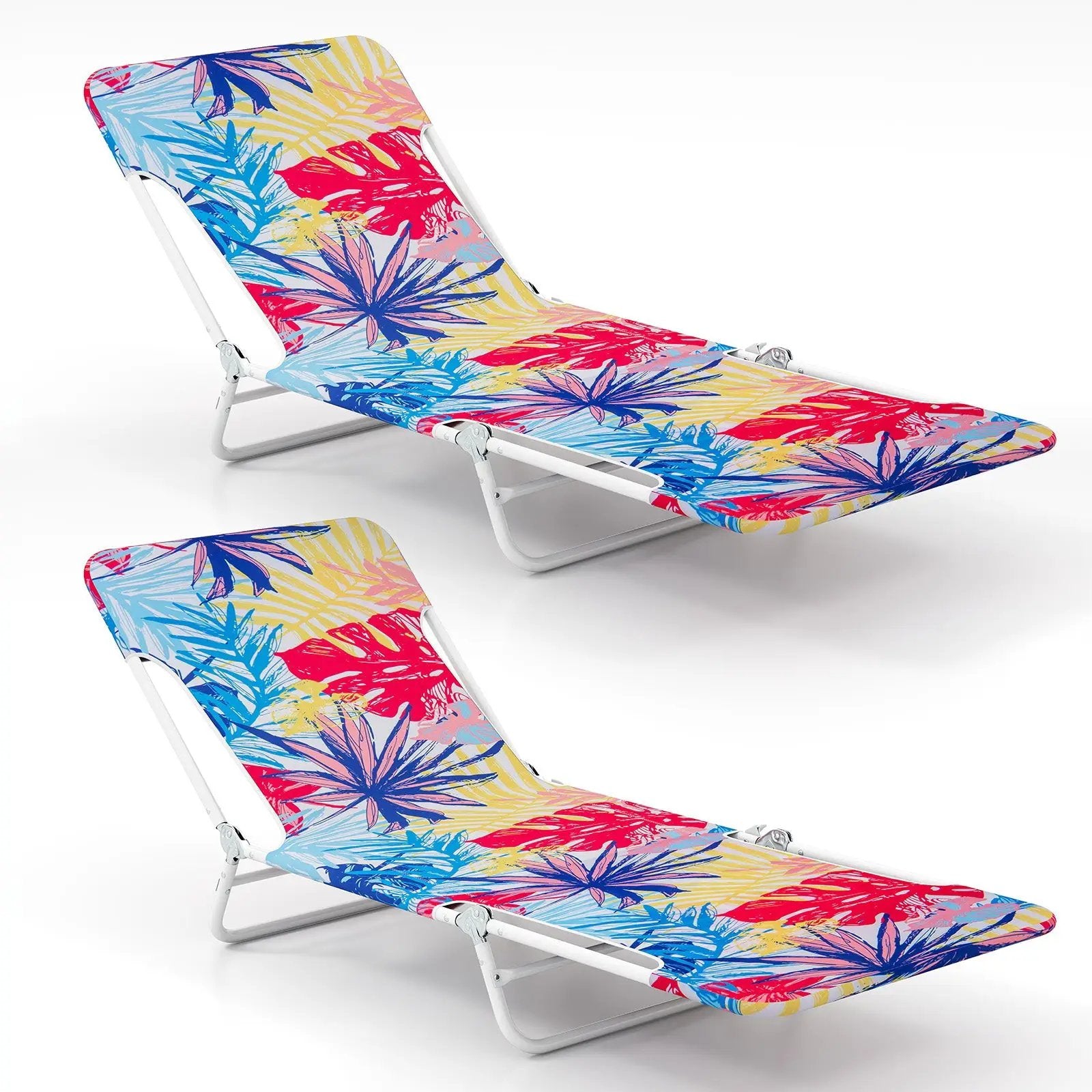 2 Pieces 5-position Lay Flat Beach Recliner with Carry Strap and Metal Frame by DirectDeals