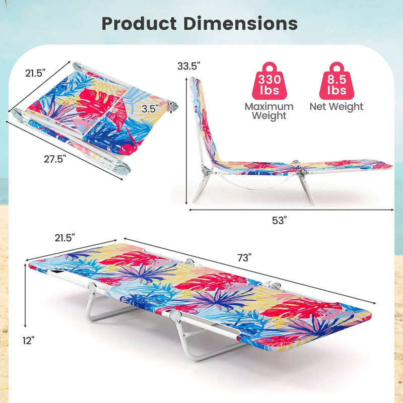 2 Pieces 5-position Lay Flat Beach Recliner with Carry Strap and Metal Frame by DirectDeals