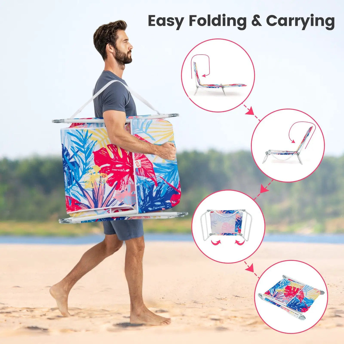 2 Pieces 5-position Lay Flat Beach Recliner with Carry Strap and Metal Frame, photo 20 of 24