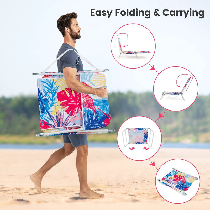 2 Pieces 5-position Lay Flat Beach Recliner with Carry Strap and Metal Frame by DirectDeals