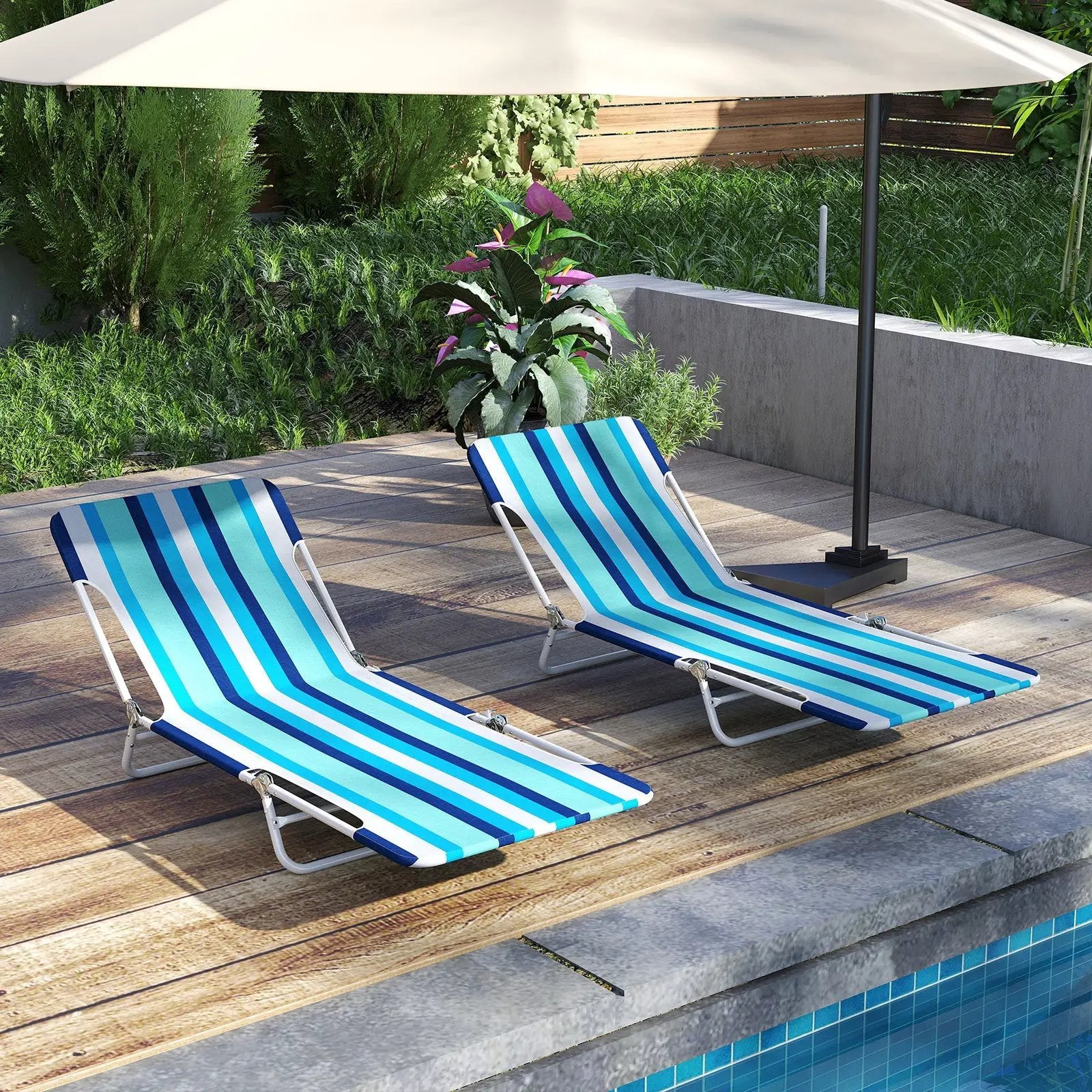 2 Pieces 5-position Lay Flat Beach Recliner with Carry Strap and Metal Frame by DirectDeals