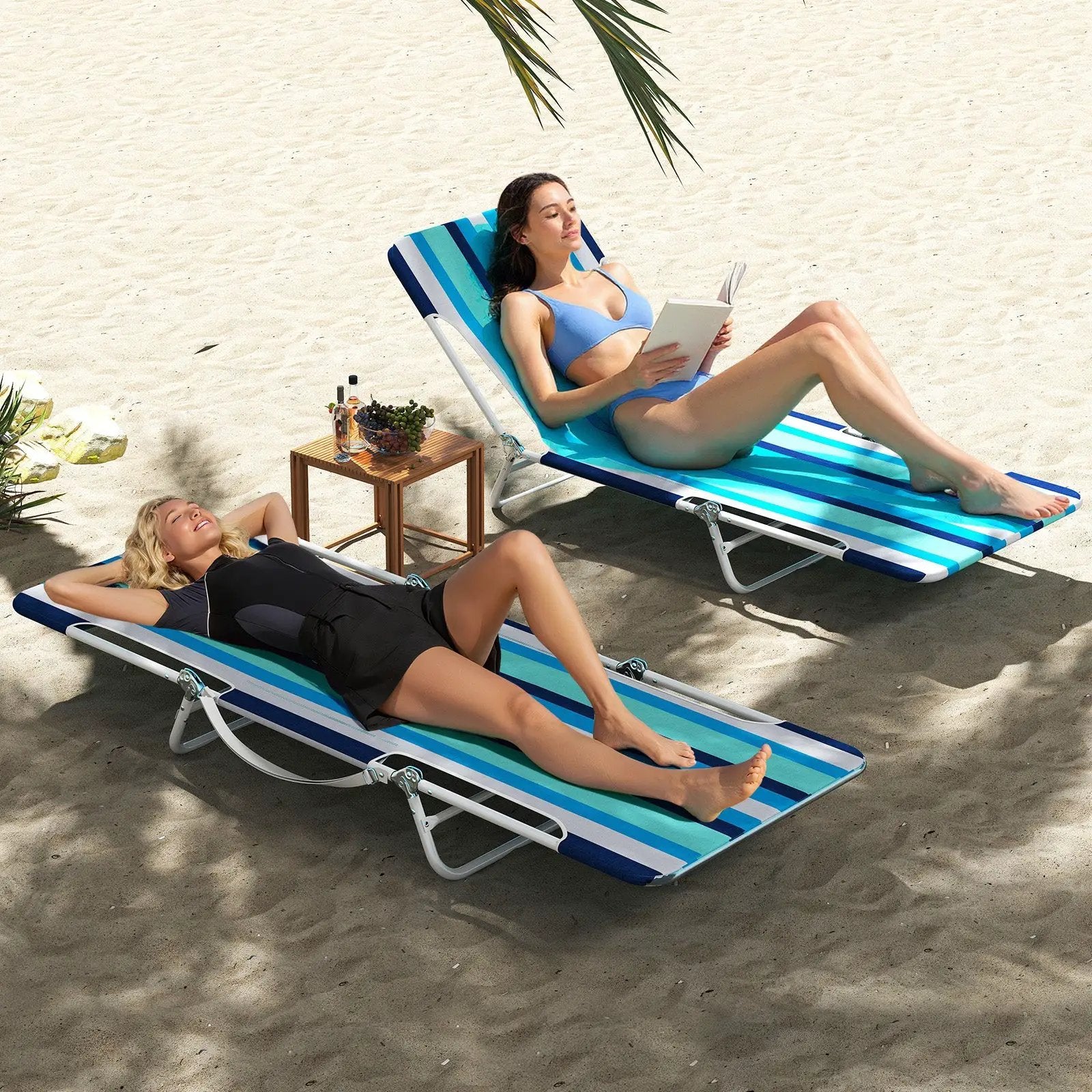 2 Pieces 5-position Lay Flat Beach Recliner with Carry Strap and Metal Frame by DirectDeals