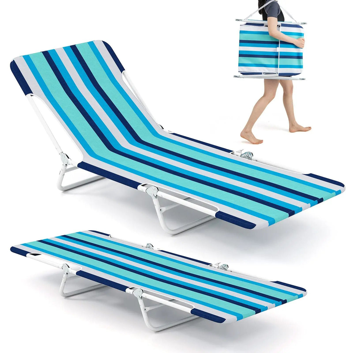 2 Pieces 5-position Lay Flat Beach Recliner with Carry Strap and Metal Frame, photo 9 of 24